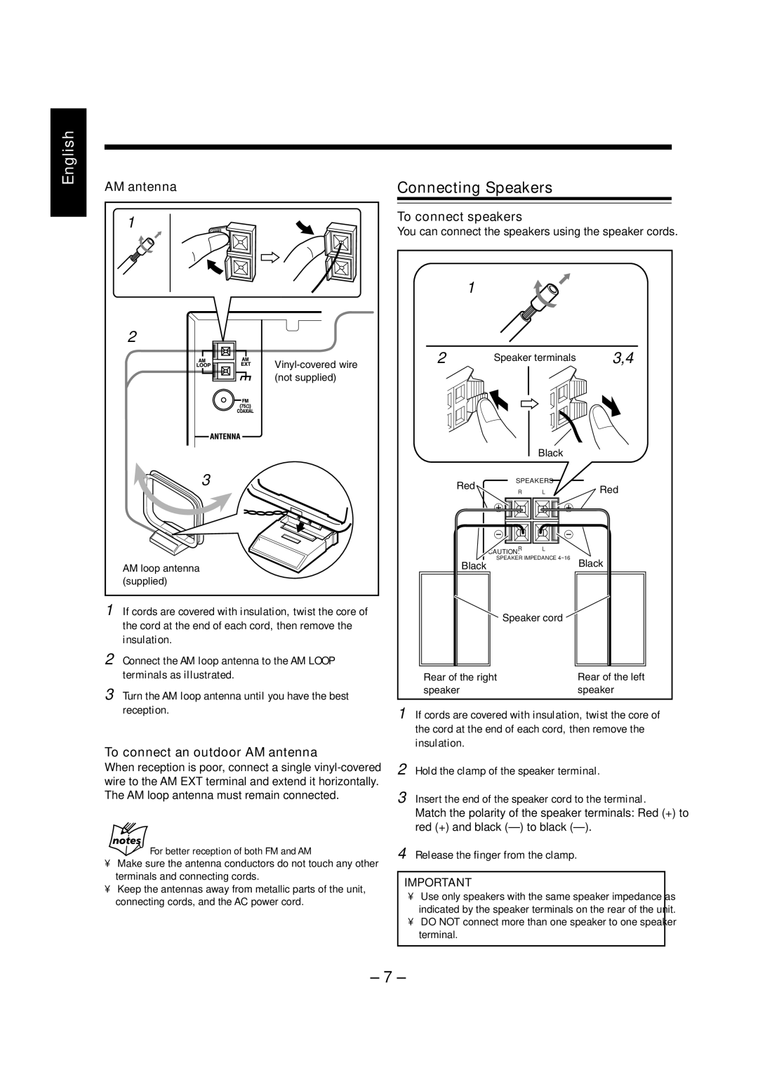 JVC LVT0900-004A, CA-UXZ7MD manual Connecting Speakers, To connect an outdoor AM antenna, To connect speakers 