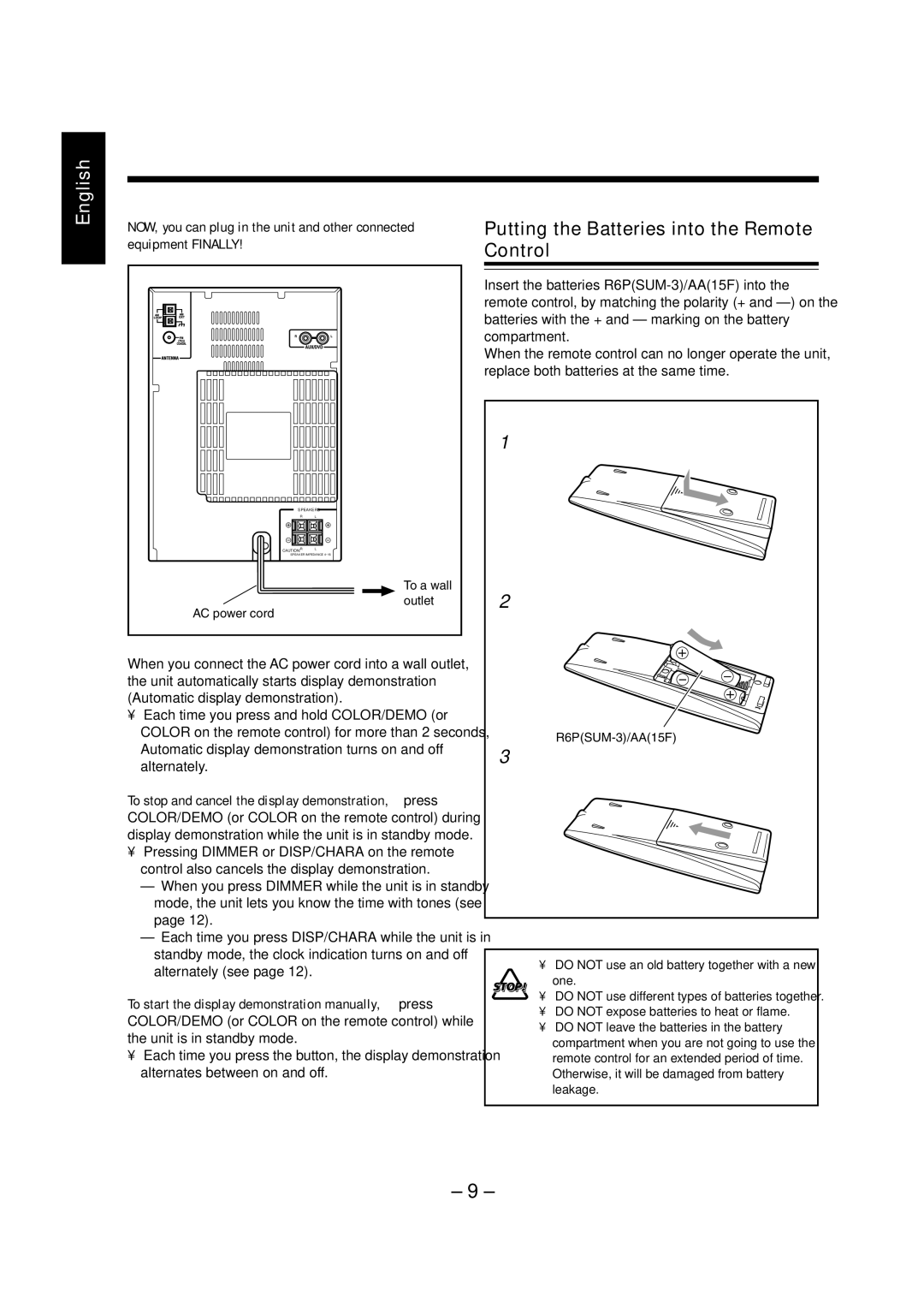 JVC LVT0900-004A, CA-UXZ7MD manual Putting the Batteries into the Remote Control, R6PSUM-3/AA15F 