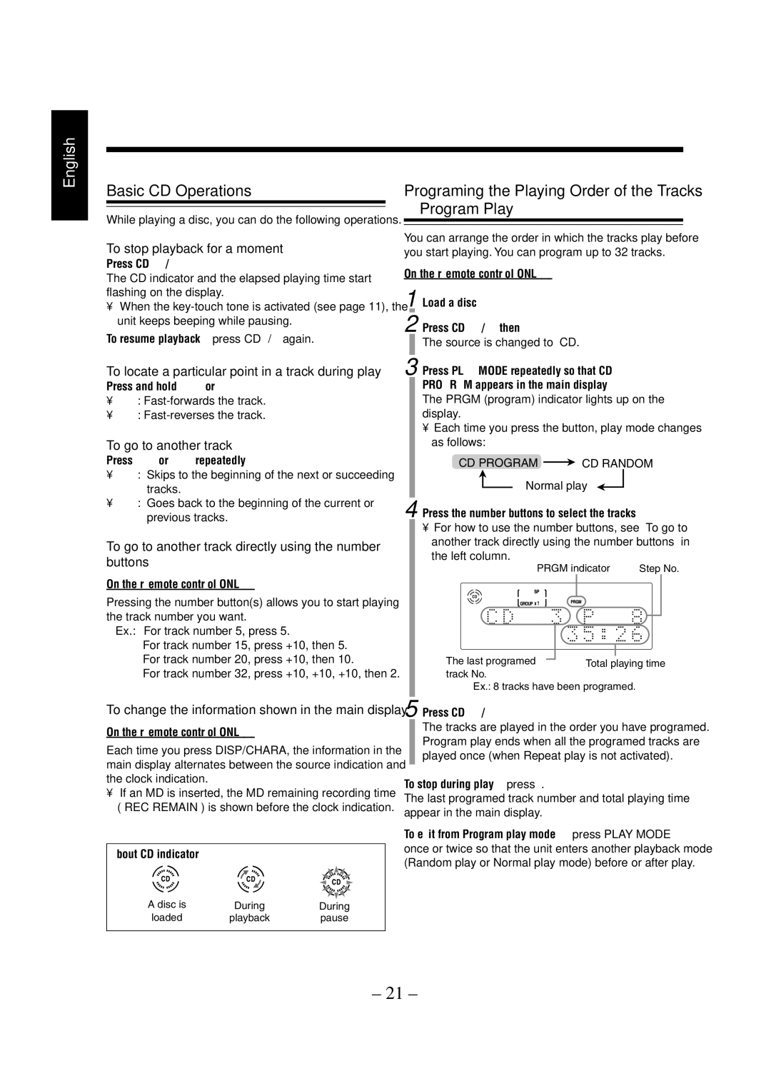 JVC LVT0900-004A, CA-UXZ7MD manual Basic CD Operations, Program Play, To stop playback for a moment, To go to another track 