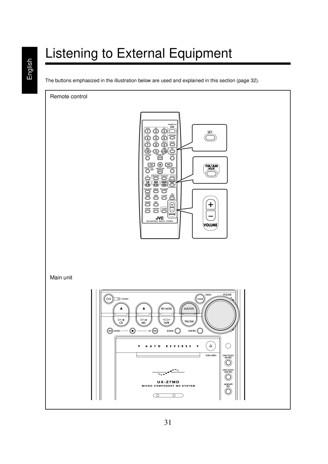 JVC LVT0900-004A, CA-UXZ7MD manual Listening to External Equipment 