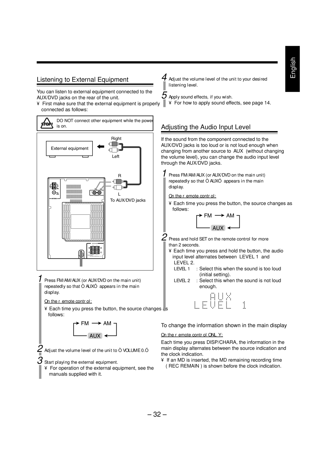 JVC CA-UXZ7MD manual Listening to External Equipment, Adjusting the Audio Input Level, For how to apply sound effects, see 