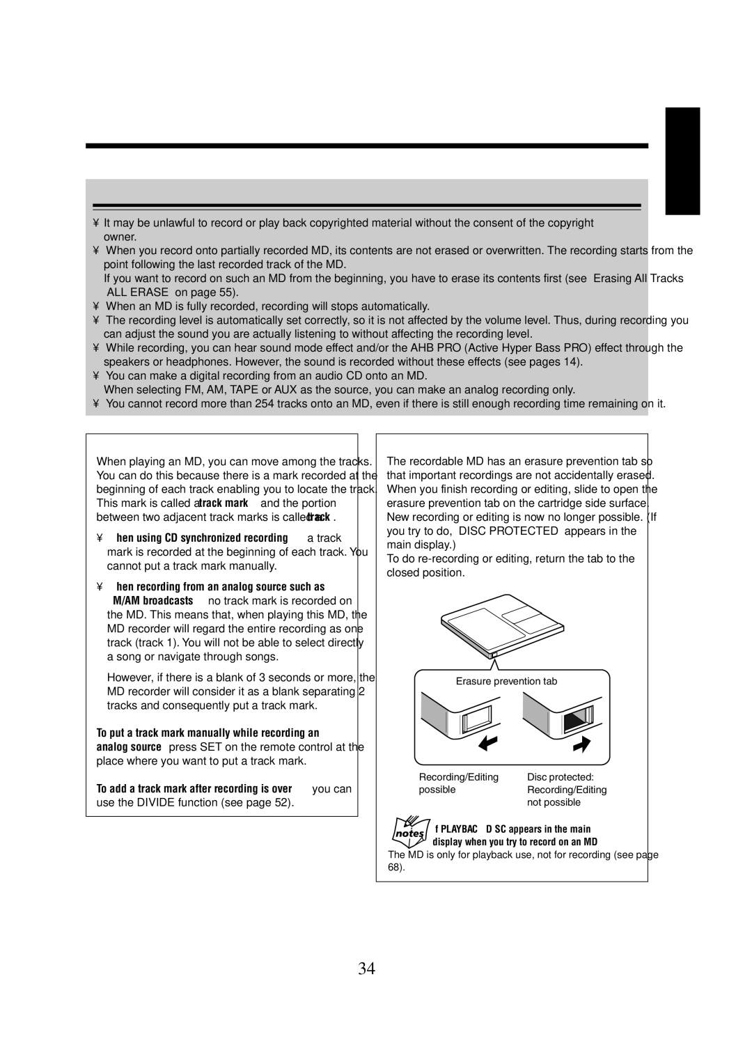 JVC CA-UXZ7MD manual Before You Start Recording on an MD, About the track marks, To avoid erasing important recordings 