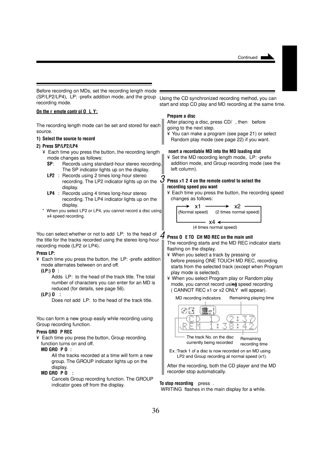 JVC CA-UXZ7MD Setting MD Recording Modes, Recording CD onto an MD-CD Synchronized Recording, To set Group recording mode 