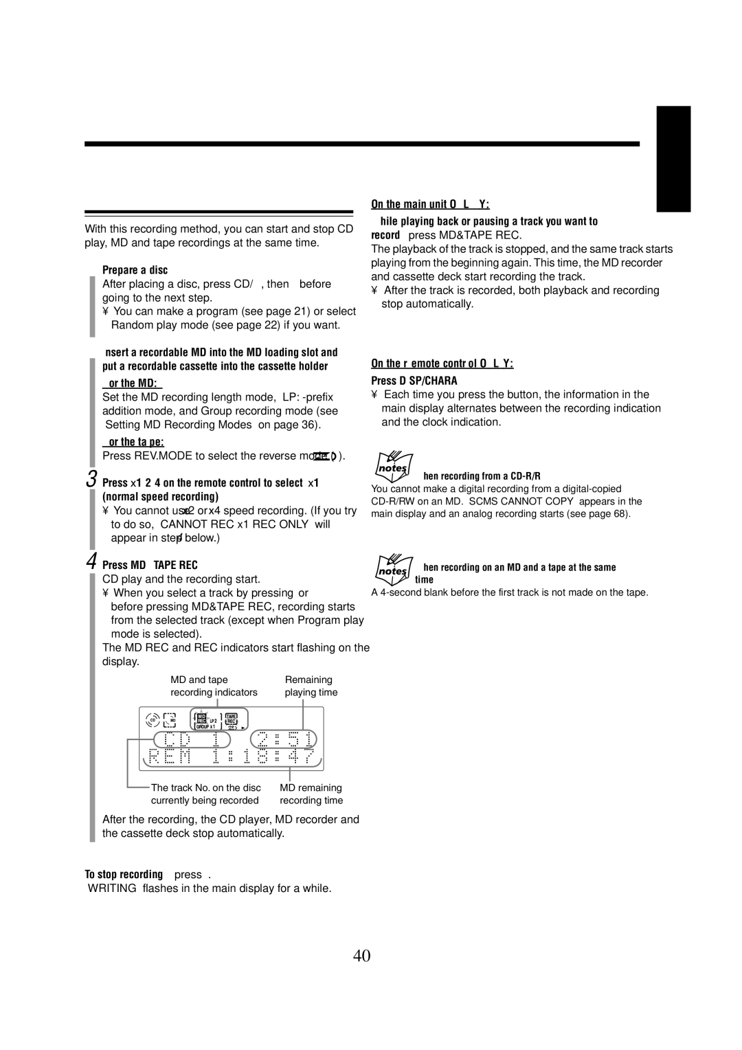 JVC CA-UXZ7MD, LVT0900-004A manual For the tape, Press REV.MODE to select the reverse mode, Press MD&TAPE REC 