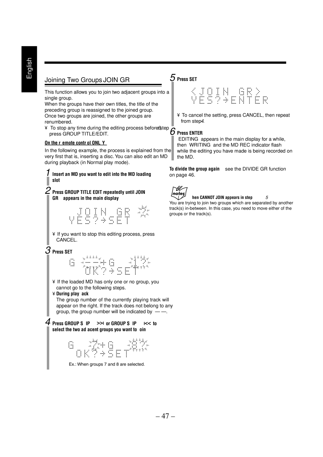 JVC LVT0900-004A, CA-UXZ7MD manual Joining Two Groups-JOIN GR, To divide the group again, see the Divide GR function 