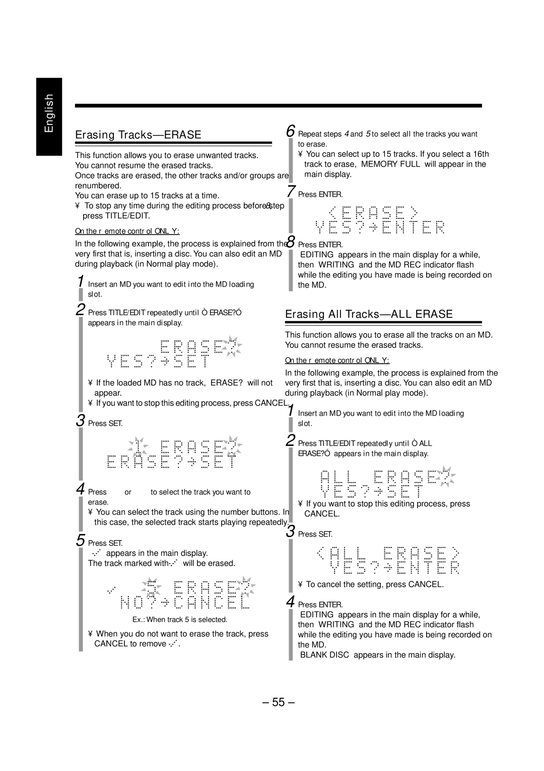 JVC LVT0900-004A, CA-UXZ7MD manual Erasing Tracks-ERASE, Erasing All Tracks-ALL Erase 