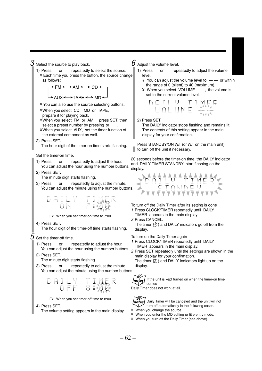 JVC CA-UXZ7MD manual You can also use the source selecting buttons, To turn off the Daily Timer after its setting is done 