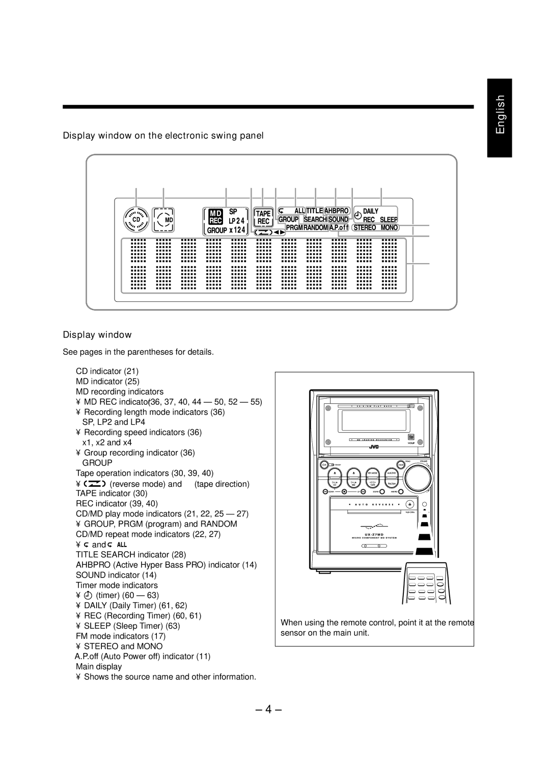 JVC CA-UXZ7MD, LVT0900-004A manual Display window on the electronic swing panel 