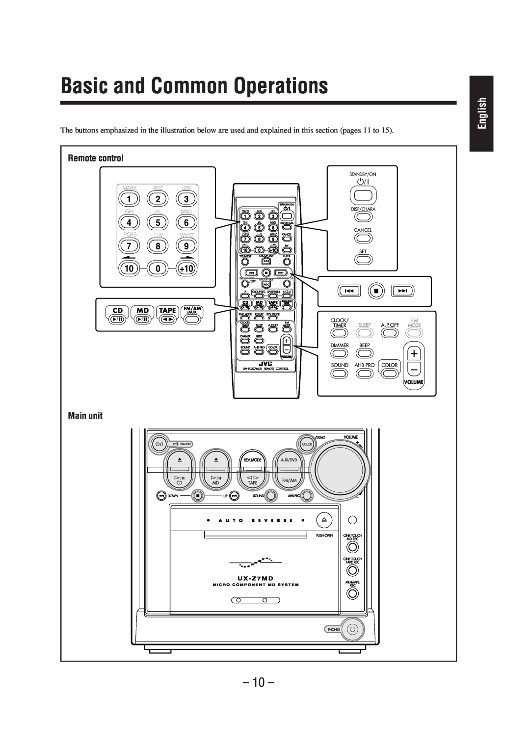 JVC CA-UXZ7MD, LVT0900-004A manual Basic and Common Operations, English, Remote control, Main unit 