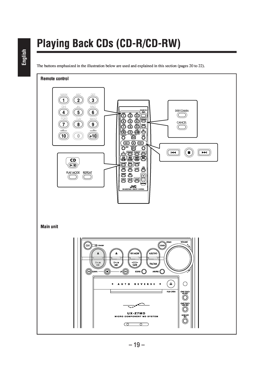 JVC LVT0900-004A, CA-UXZ7MD manual Playing Back CDs CD-R/CD-RW, English, Remote control, Main unit 