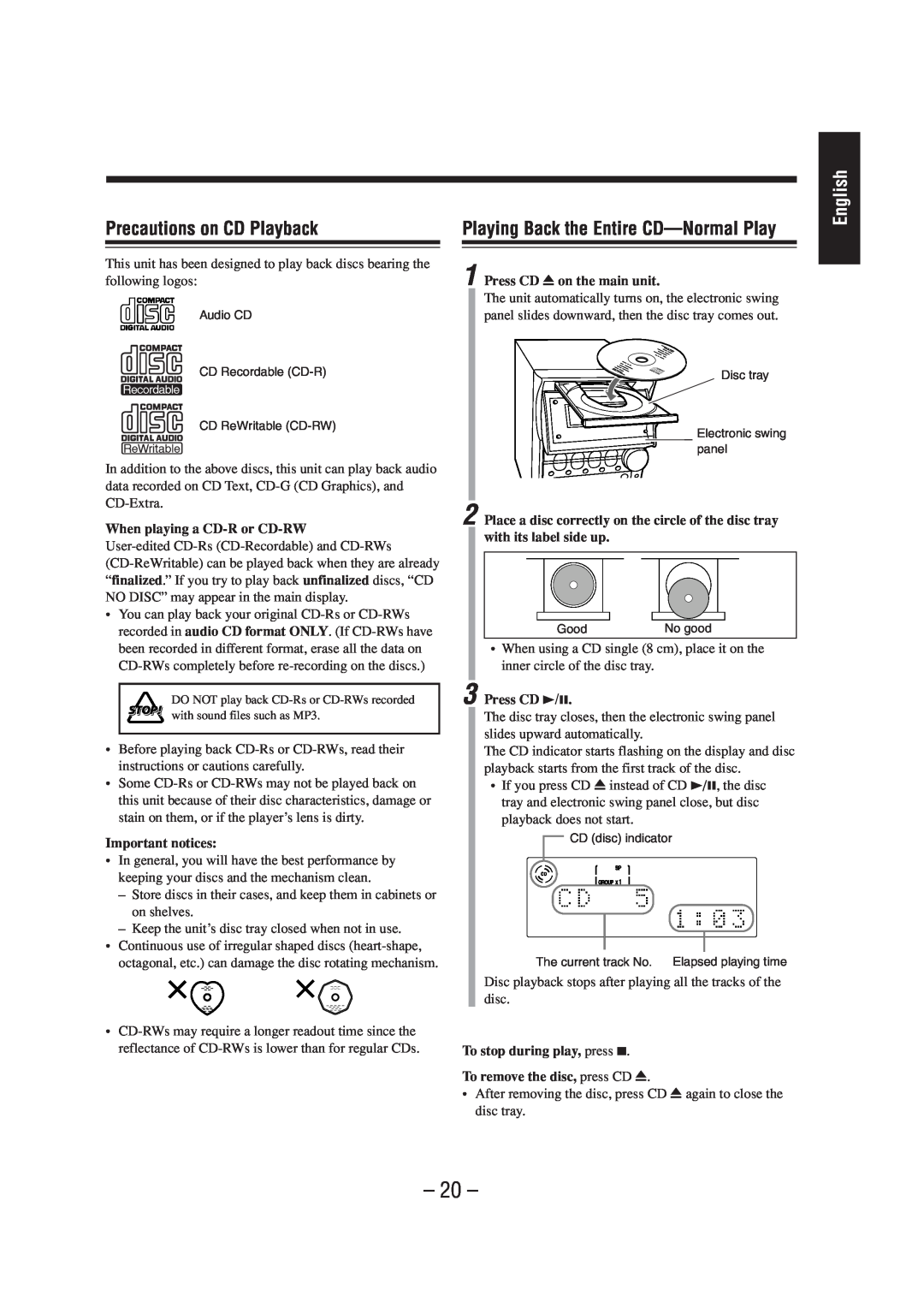 JVC CA-UXZ7MD, LVT0900-004A manual Precautions on CD Playback, Playing Back the Entire CD-NormalPlay, English 