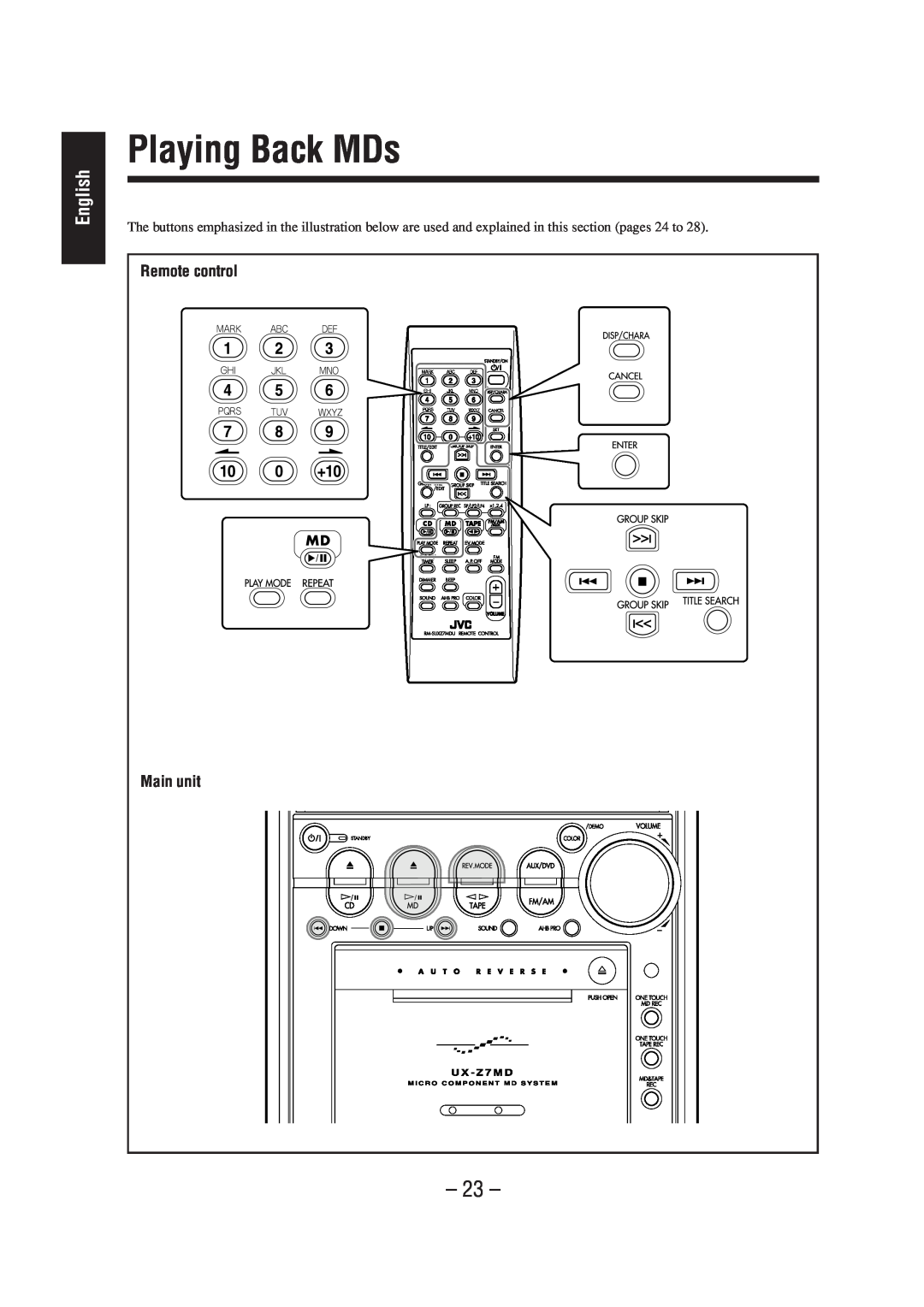 JVC LVT0900-004A, CA-UXZ7MD manual Playing Back MDs, English, Remote control, Main unit 