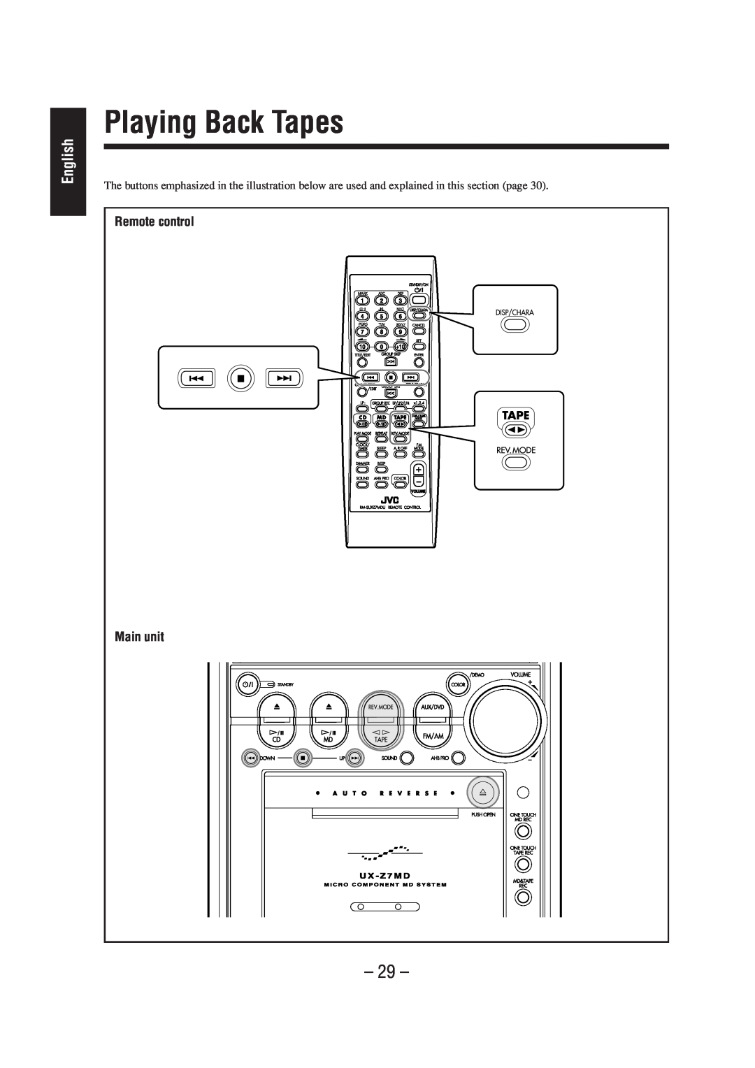 JVC LVT0900-004A, CA-UXZ7MD manual Playing Back Tapes, English, Remote control Main unit 