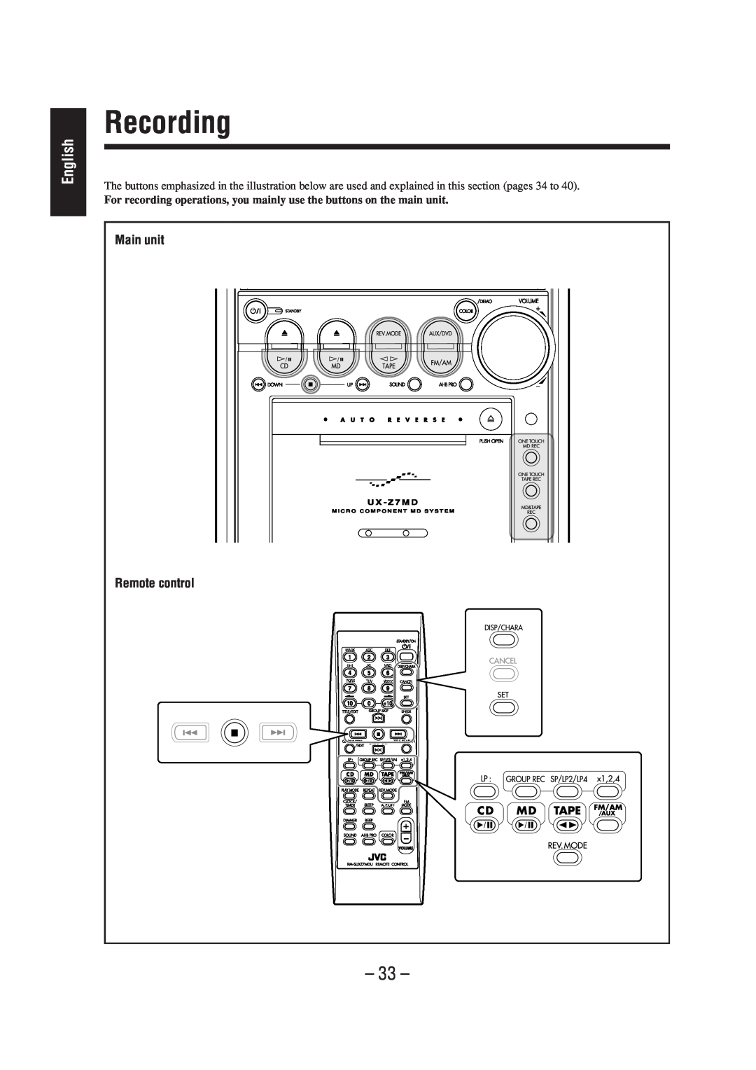 JVC LVT0900-004A, CA-UXZ7MD manual Recording, English, Main unit, Remote control 