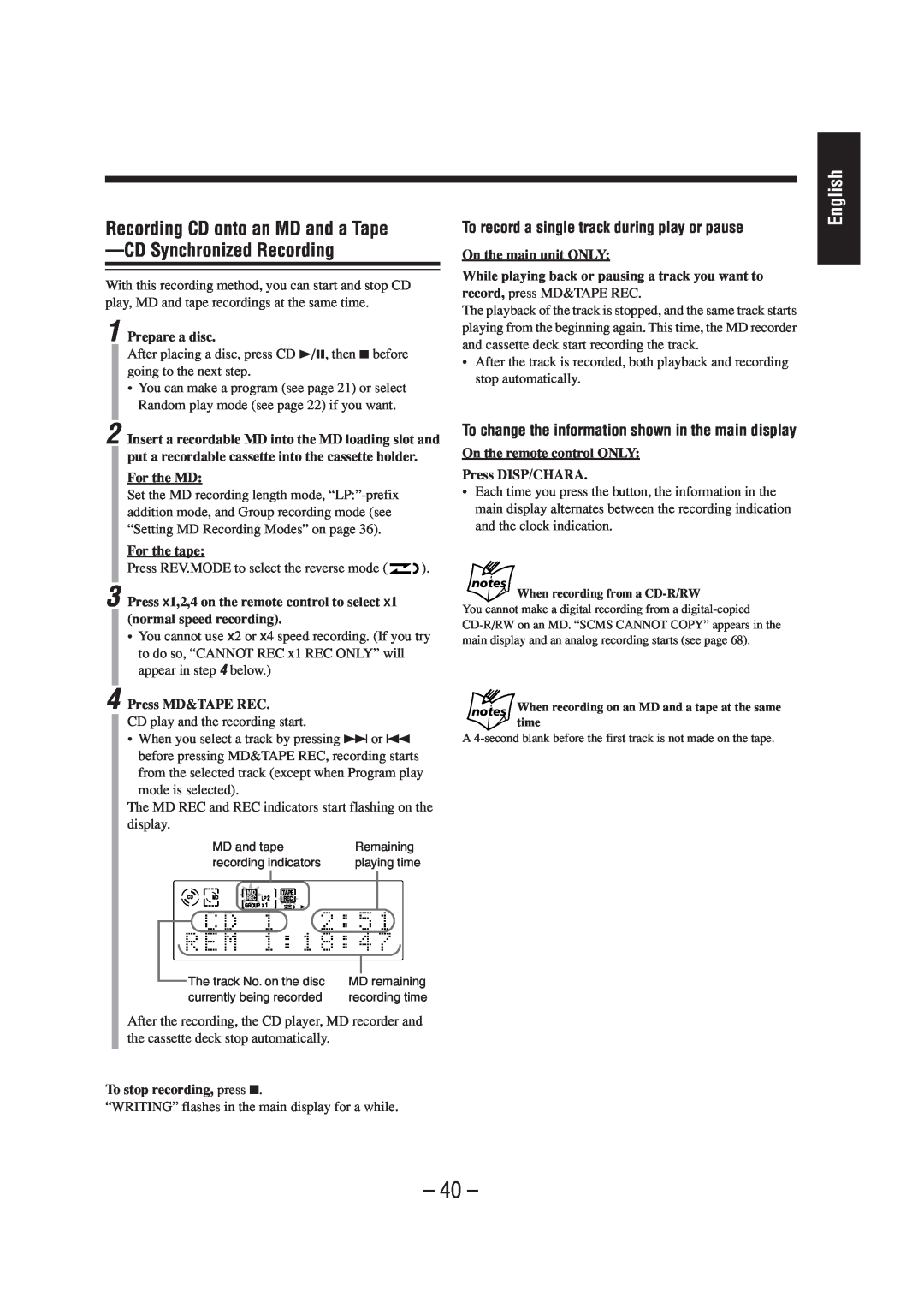 JVC CA-UXZ7MD, LVT0900-004A manual English, To record a single track during play or pause 