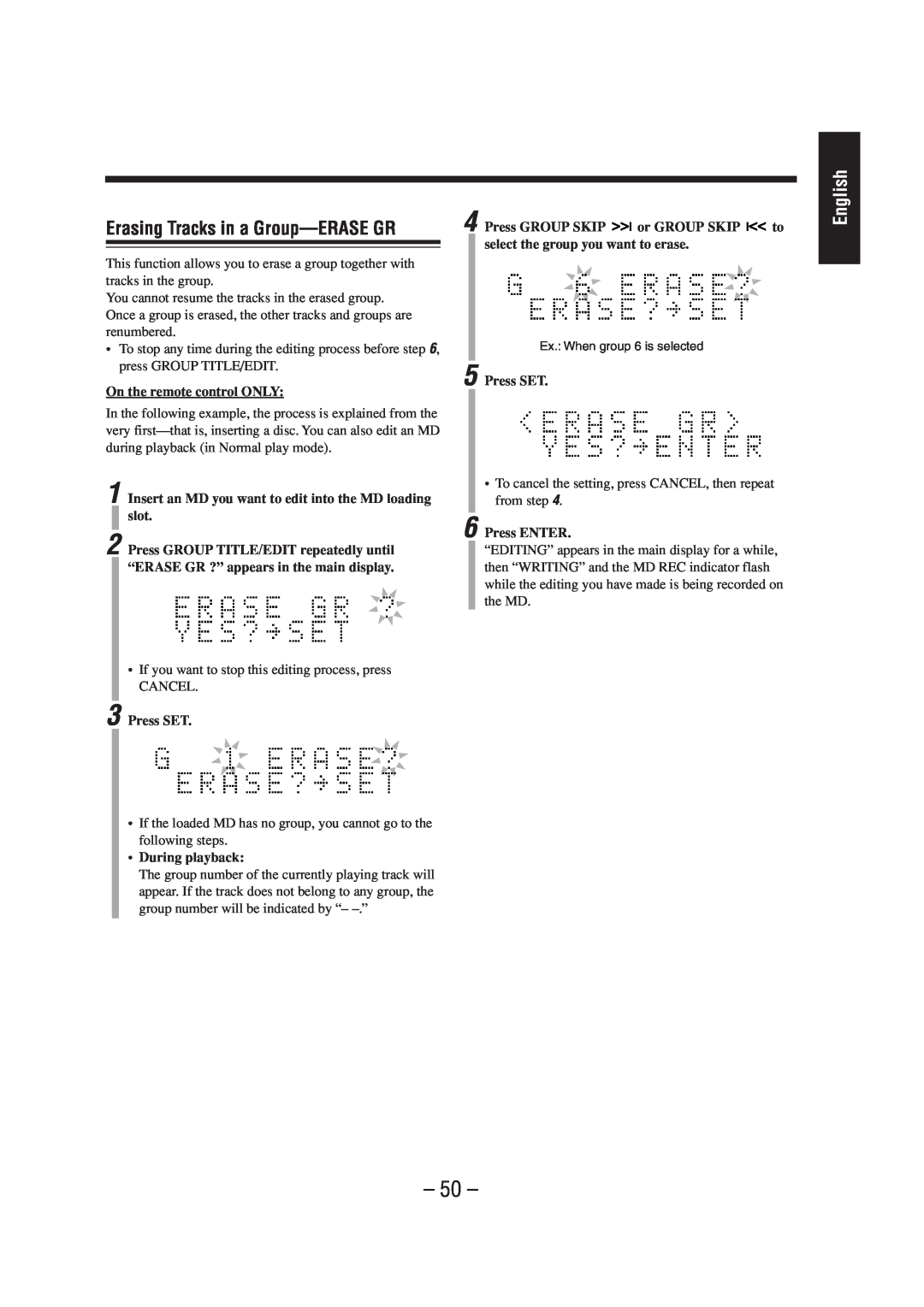 JVC CA-UXZ7MD, LVT0900-004A manual Erasing Tracks in a Group-ERASEGR, English 