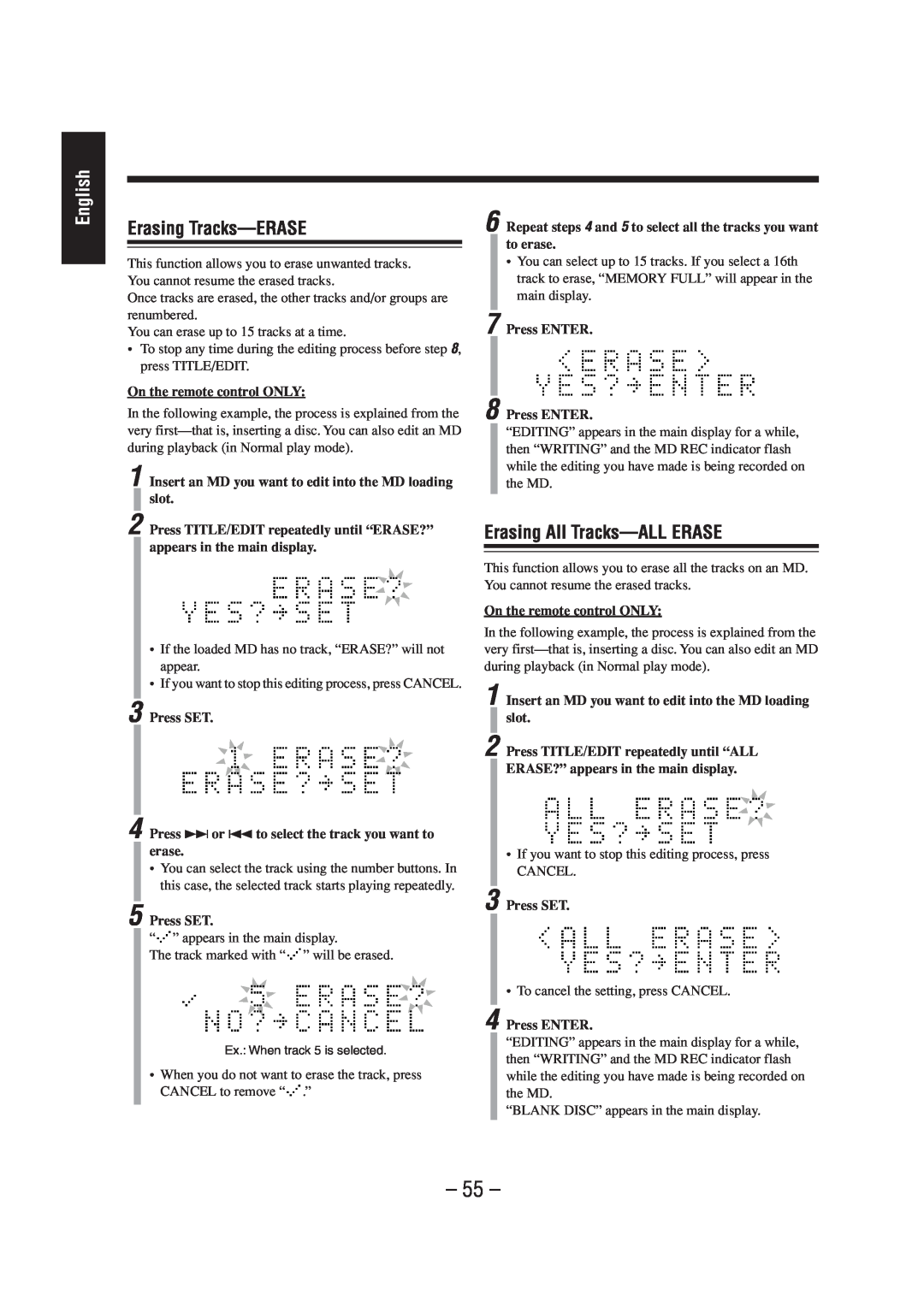 JVC LVT0900-004A, CA-UXZ7MD manual Erasing Tracks-ERASE, Erasing All Tracks-ALLERASE, English 