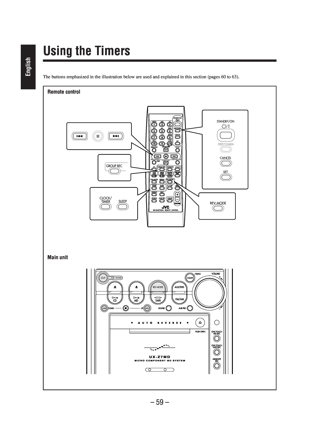 JVC LVT0900-004A, CA-UXZ7MD manual Using the Timers, English, Remote control, Main unit 