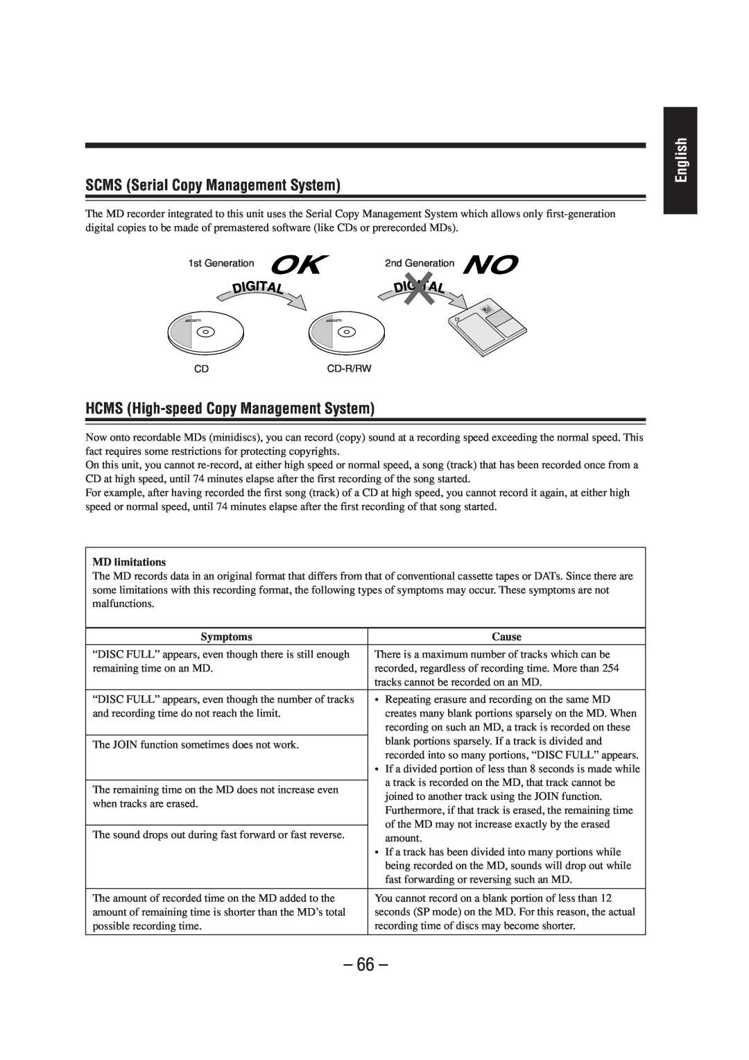 JVC CA-UXZ7MD, LVT0900-004A manual 66, SCMS Serial Copy Management System, HCMS High-speedCopy Management System, English 