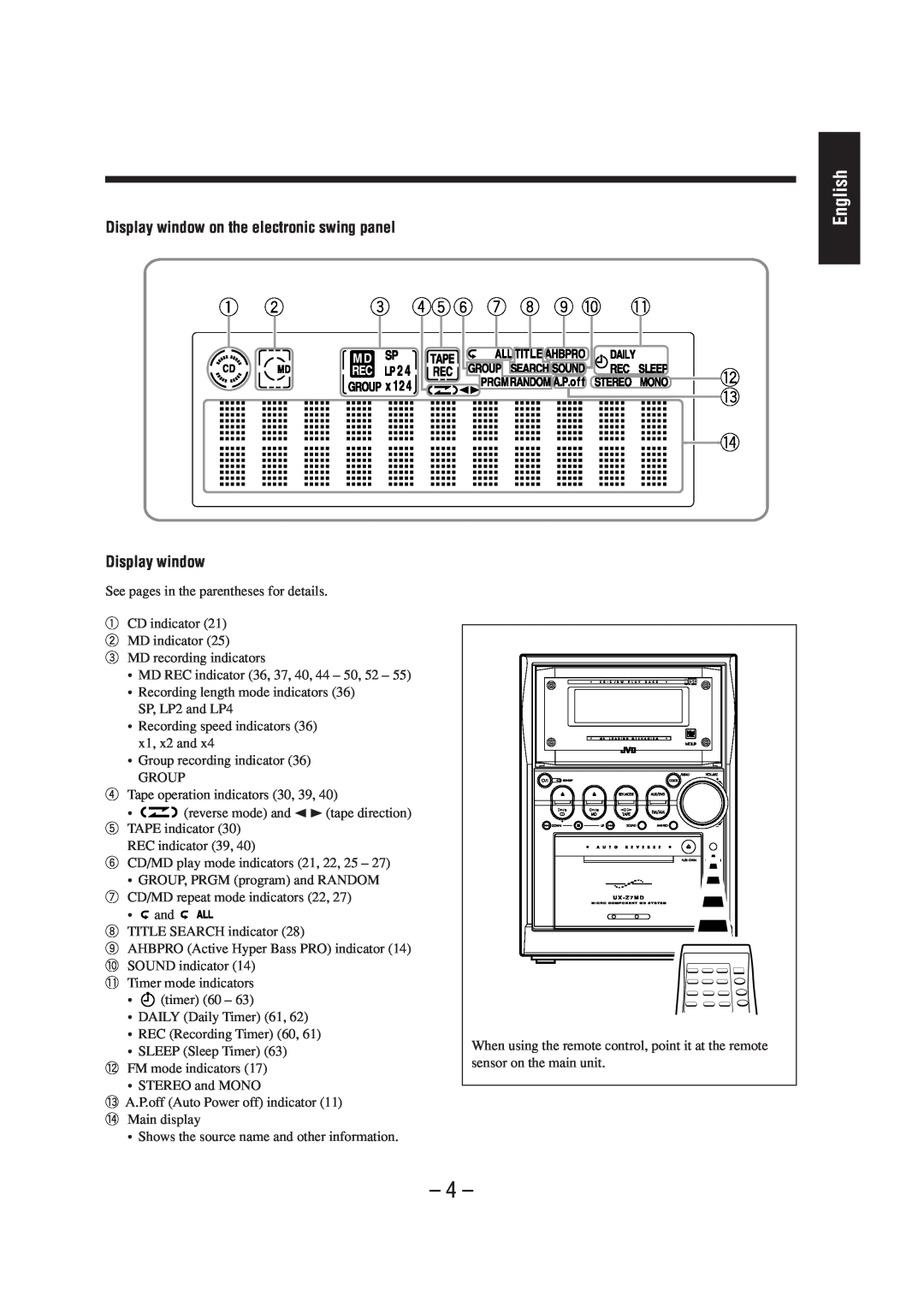 JVC CA-UXZ7MD, LVT0900-004A manual 1 2 3 456 7 8 9 = ~, English, Display window on the electronic swing panel 