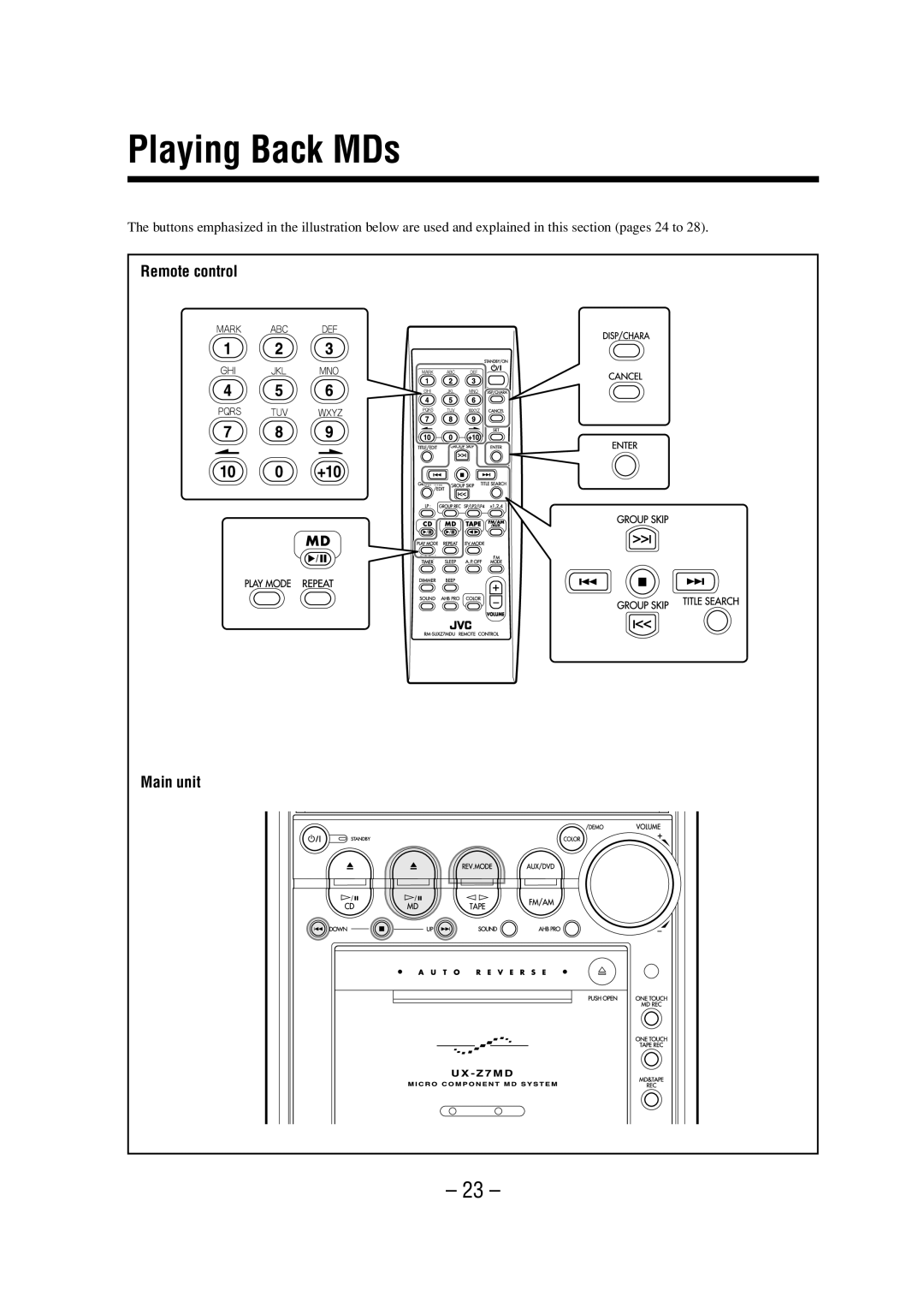 JVC LVT0900-008A, 0802MWMMDWJEM manual Playing Back MDs, Remote control 