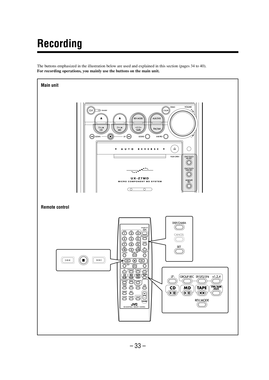 JVC LVT0900-008A, 0802MWMMDWJEM manual Recording, Remote control 