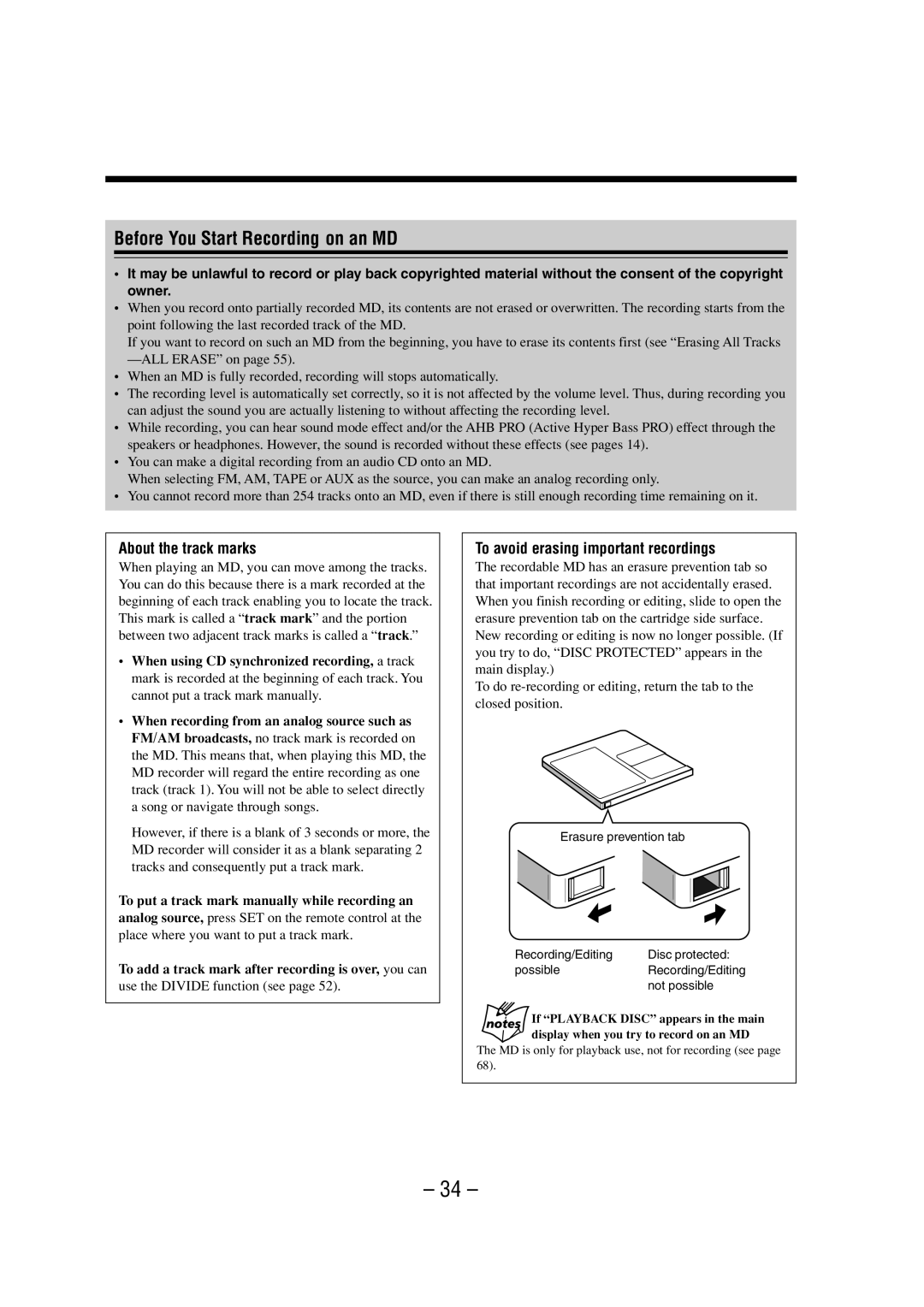 JVC 0802MWMMDWJEM manual Before You Start Recording on an MD, About the track marks, To avoid erasing important recordings 