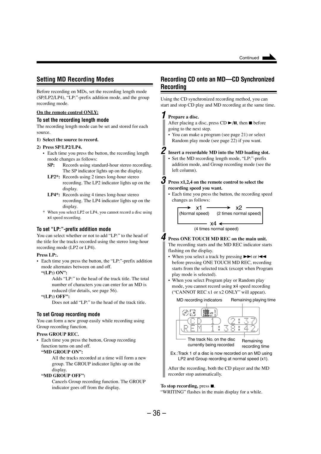 JVC 0802MWMMDWJEM, LVT0900-008A manual Setting MD Recording Modes, Recording CD onto an MD-CD Synchronized Recording 