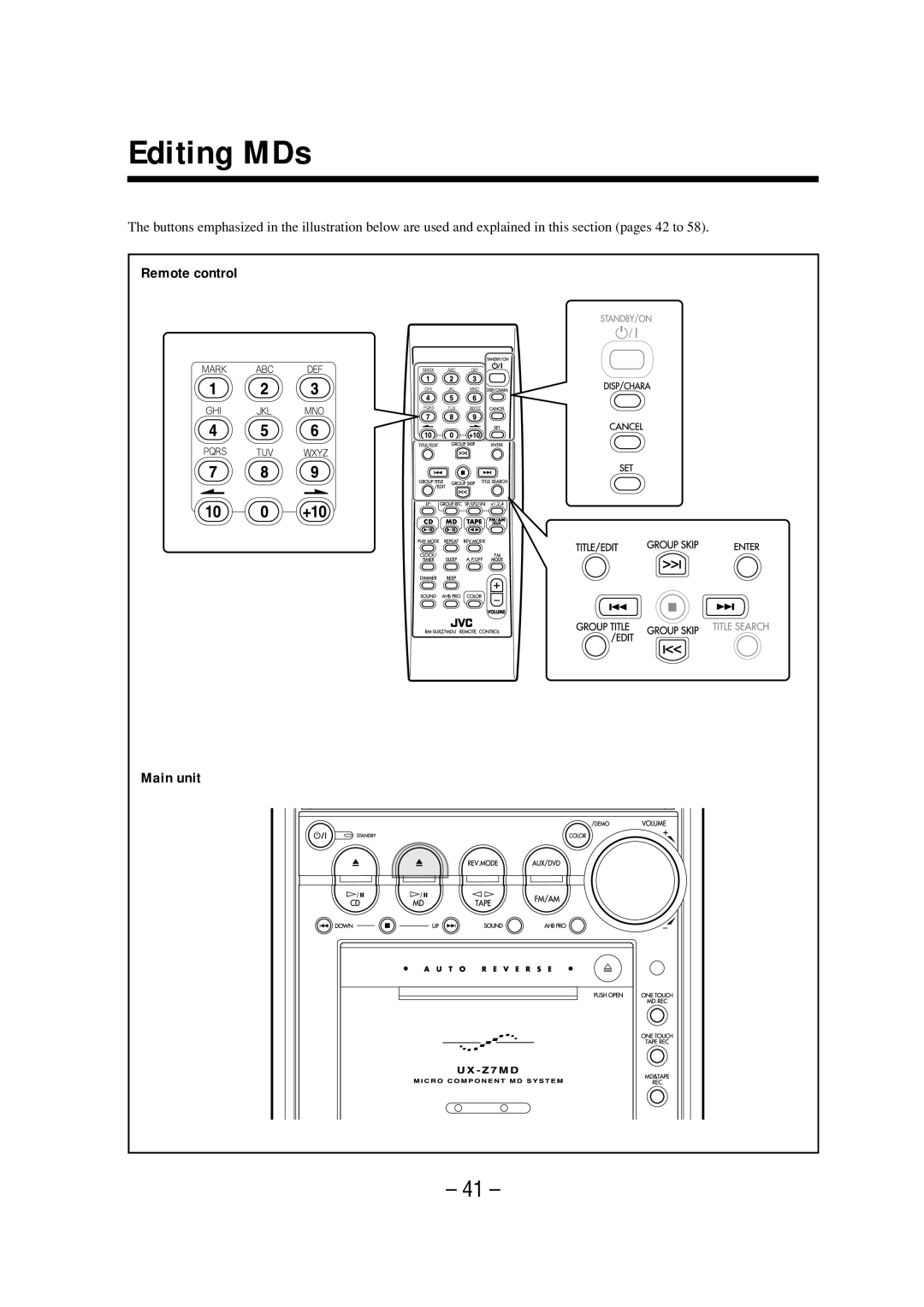 JVC LVT0900-008A, 0802MWMMDWJEM manual Editing MDs, Remote control 