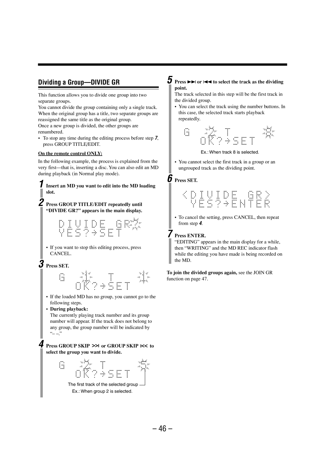 JVC 0802MWMMDWJEM, LVT0900-008A Dividing a Group-DIVIDE GR, To join the divided groups again, see the Join GR, Function on 