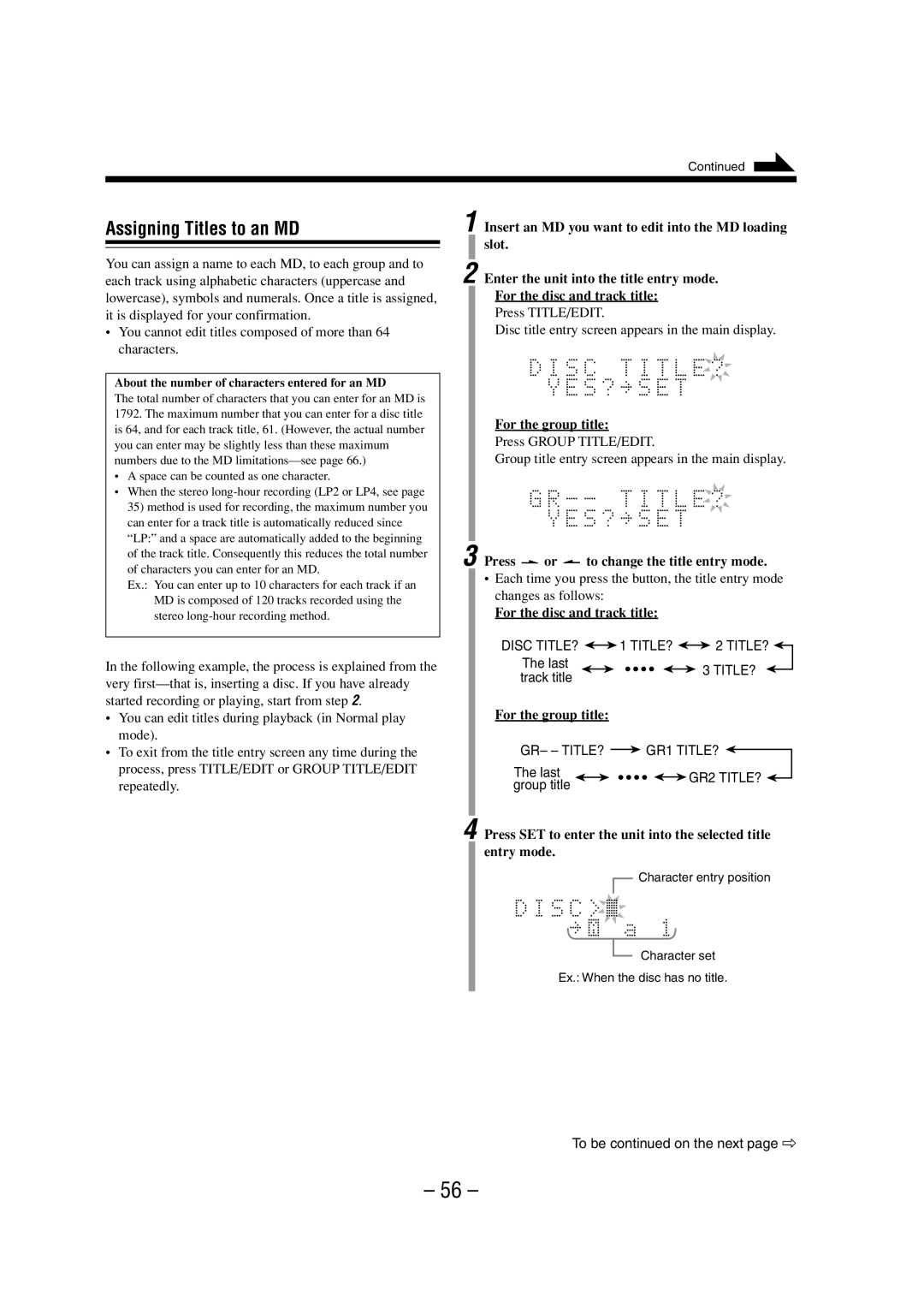 JVC 0802MWMMDWJEM, LVT0900-008A Assigning Titles to an MD, For the group title, Press or to change the title entry mode 