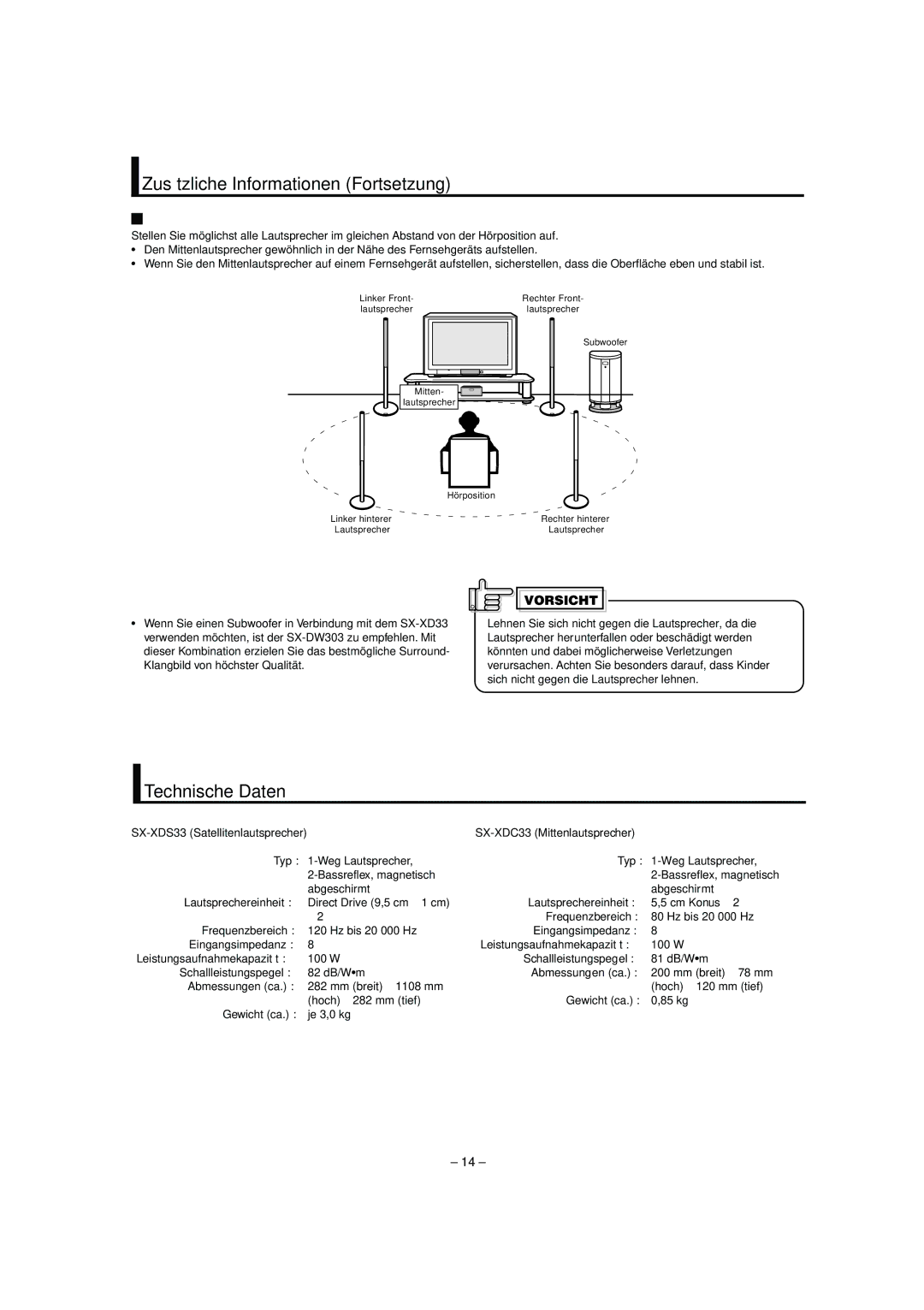 JVC LVT0953-001B manual Zusätzliche Informationen Fortsetzung, Technische Daten, Allgemeine Anordnung der Lautsprecher 