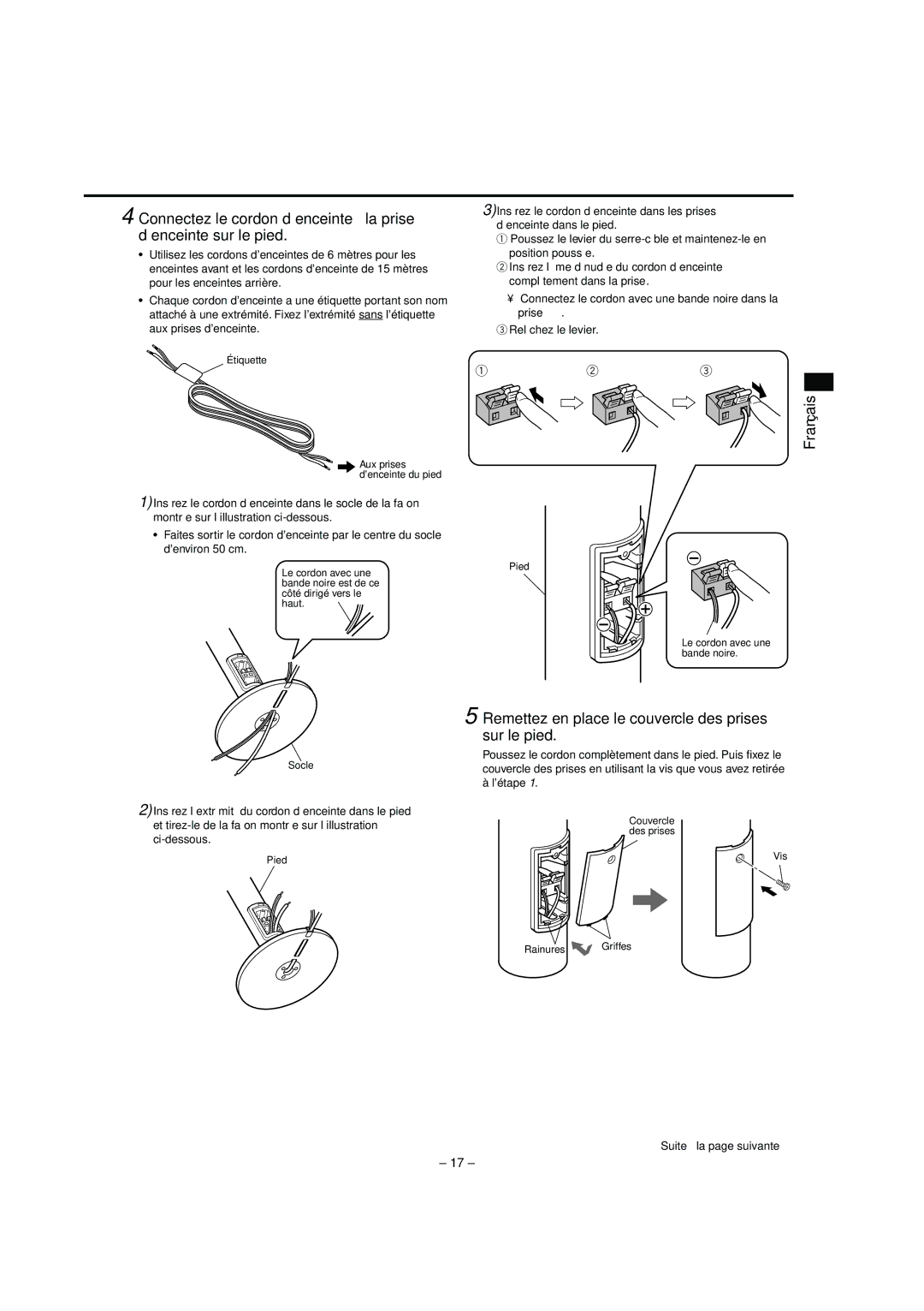 JVC LVT0953-001B manual Français, Remettez en place le couvercle des prises sur le pied, Suite à la page suivante 