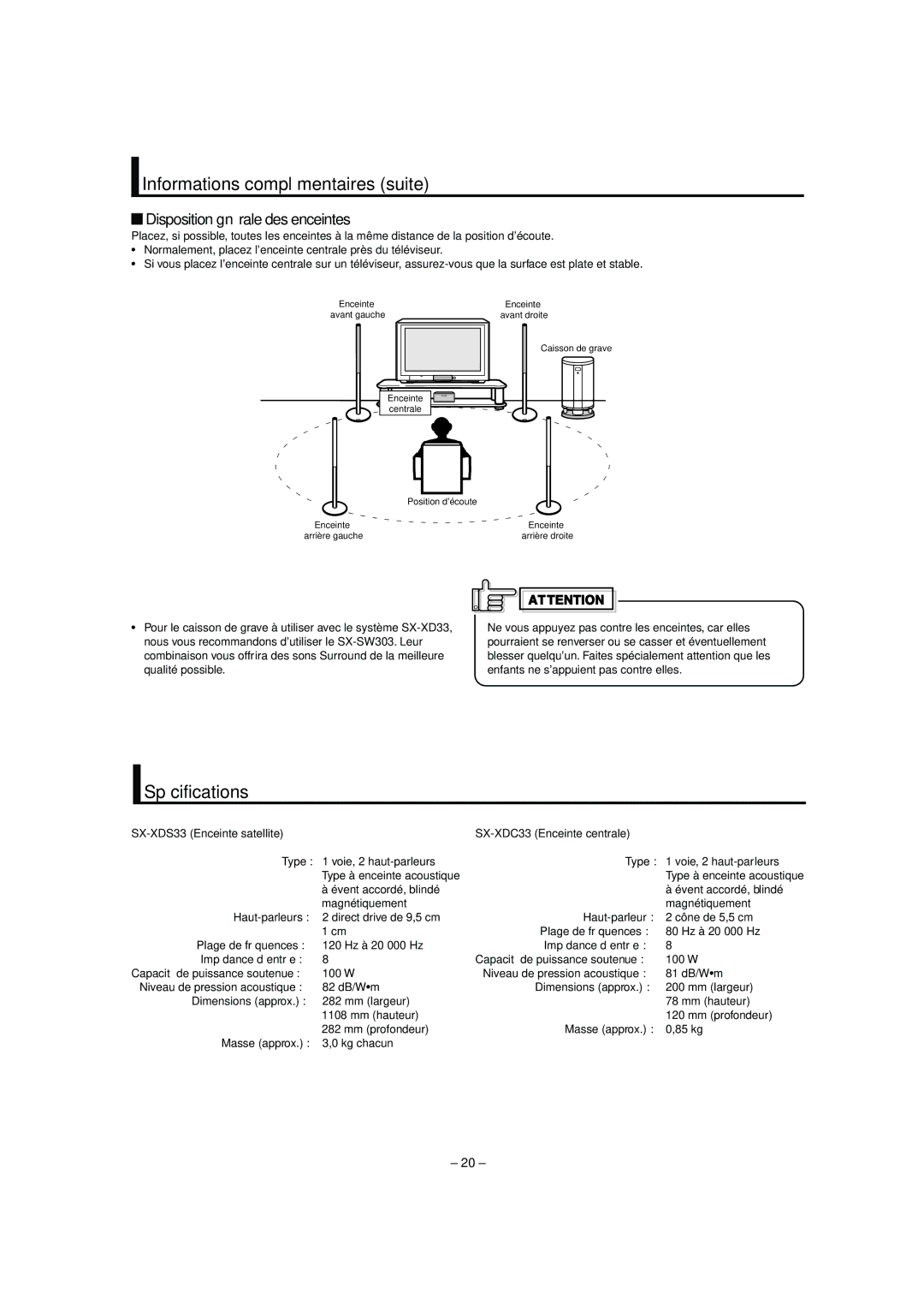 JVC LVT0953-001B manual Informations complémentaires suite, Spécifications, Disposition générale des enceintes 