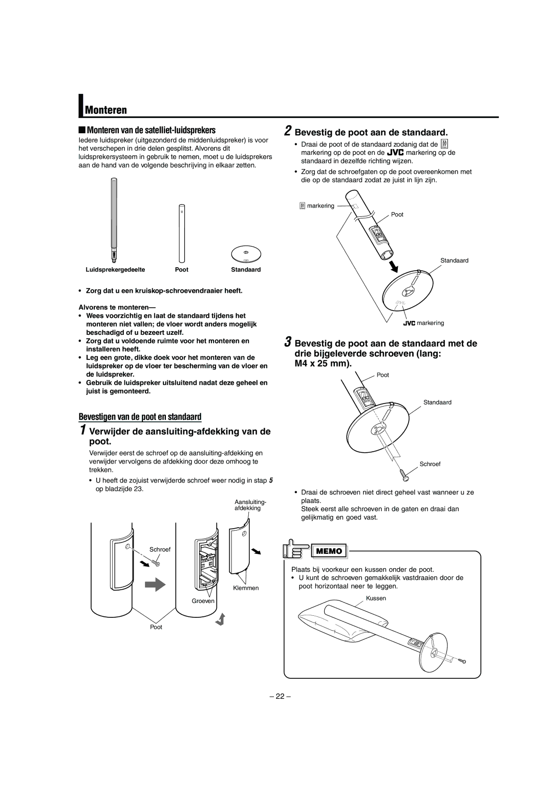 JVC LVT0953-001B manual Monteren van de satelliet-luidsprekers, Bevestig de poot aan de standaard 