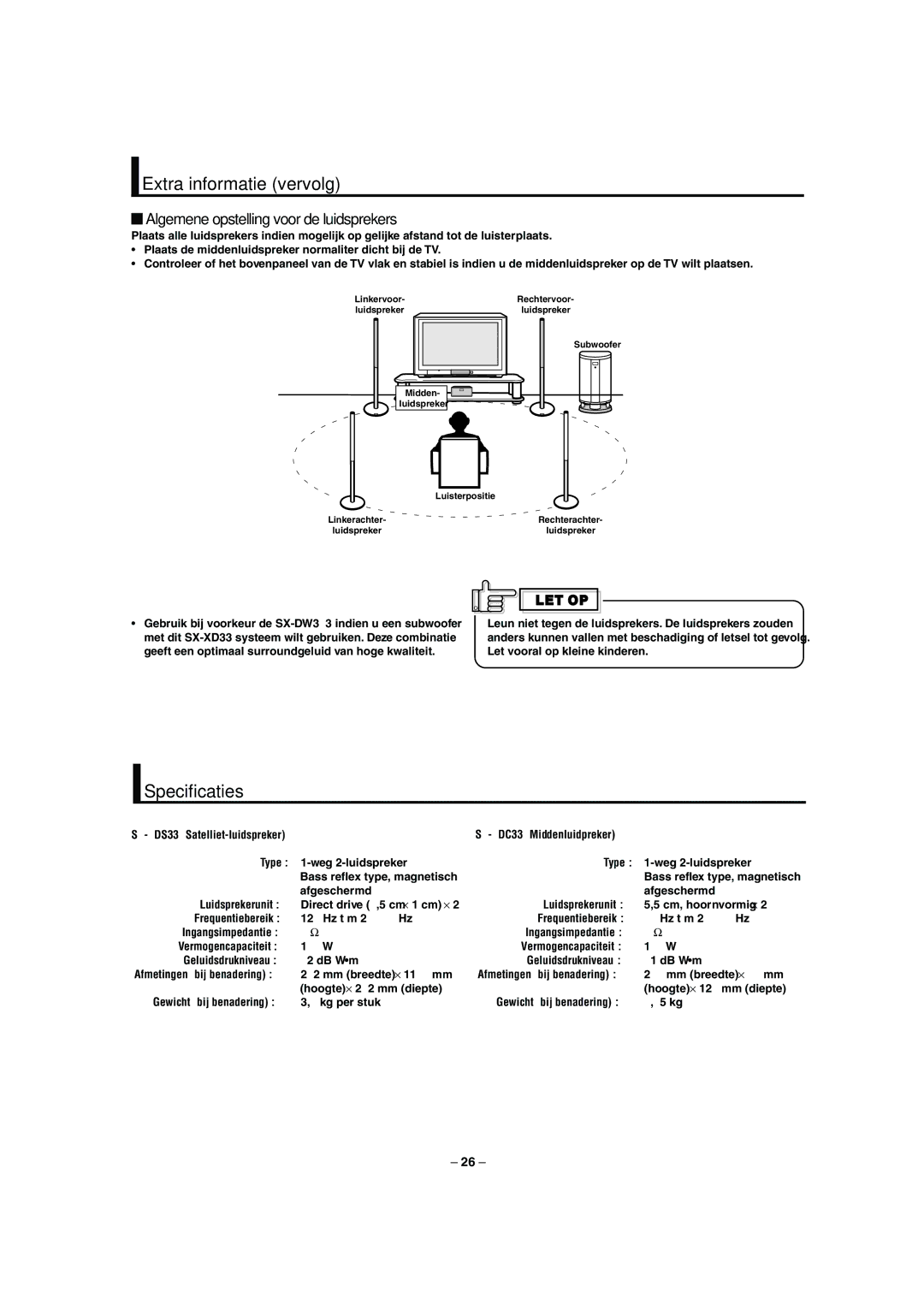 JVC LVT0953-001B manual Extra informatie vervolg, Specificaties, Algemene opstelling voor de luidsprekers 