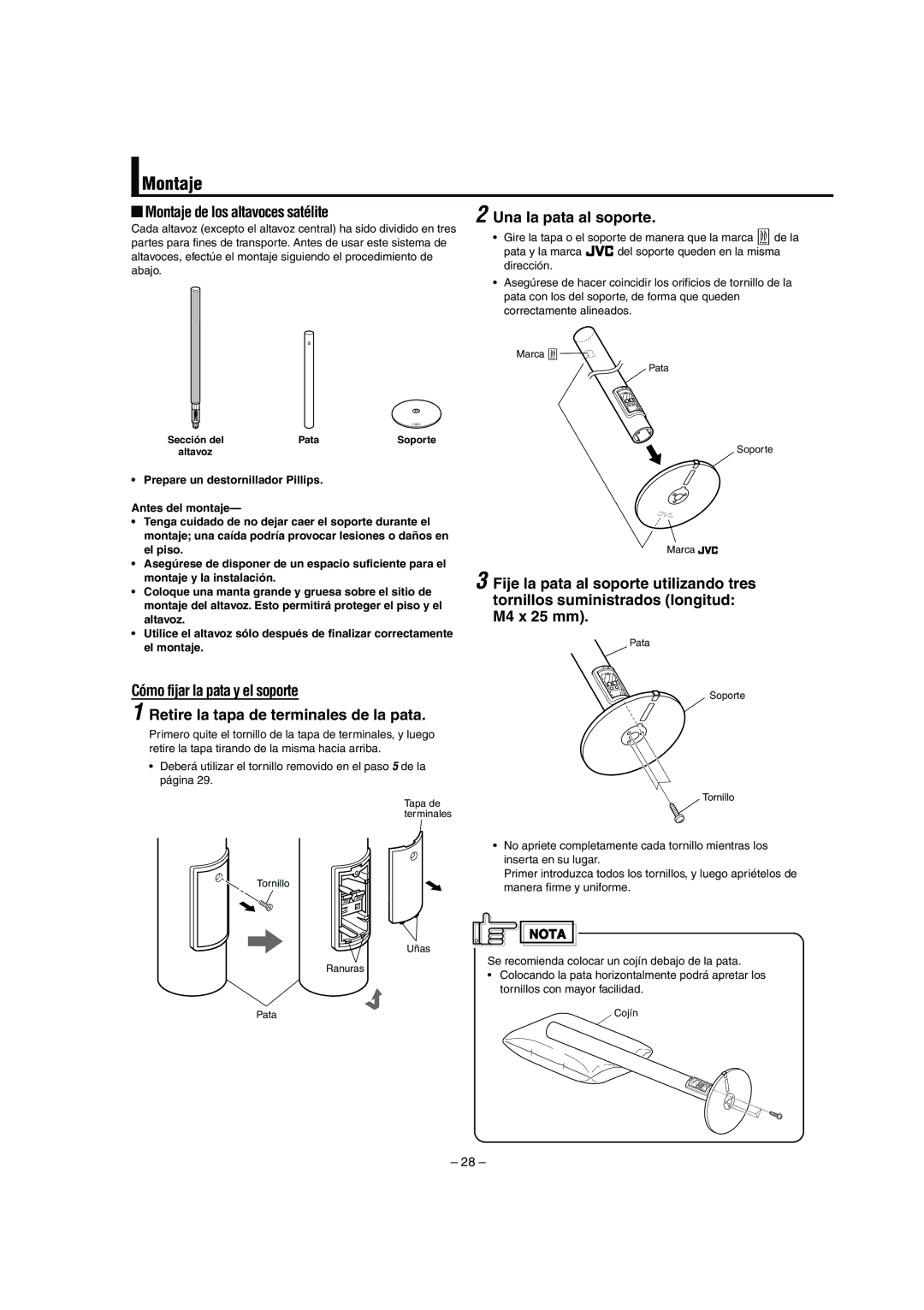 JVC LVT0953-001B manual Montaje de los altavoces satélite Una la pata al soporte 