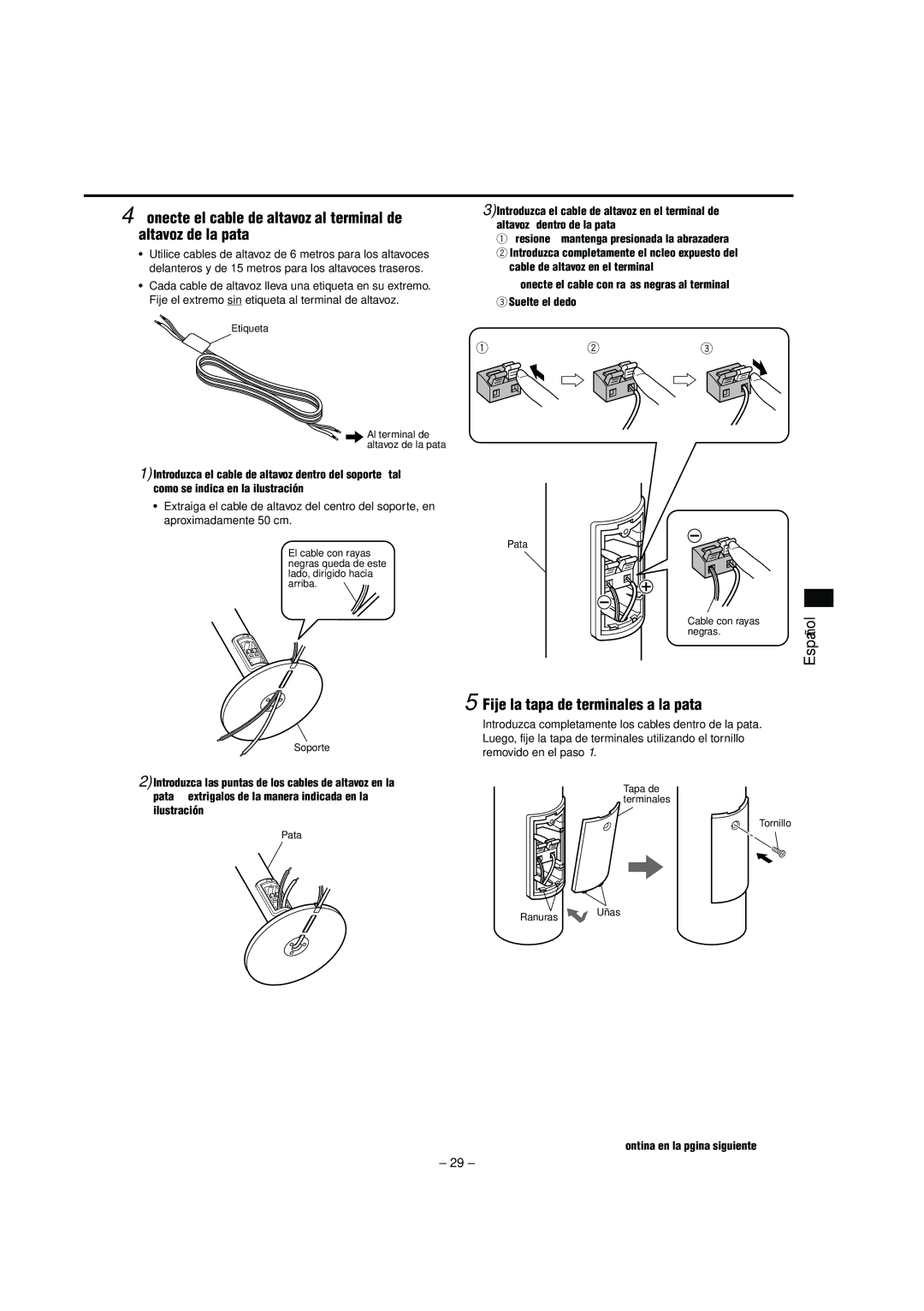 JVC LVT0953-001B Fije la tapa de terminales a la pata, Introduzca las puntas de los cables de altavoz en la, Ilustración 