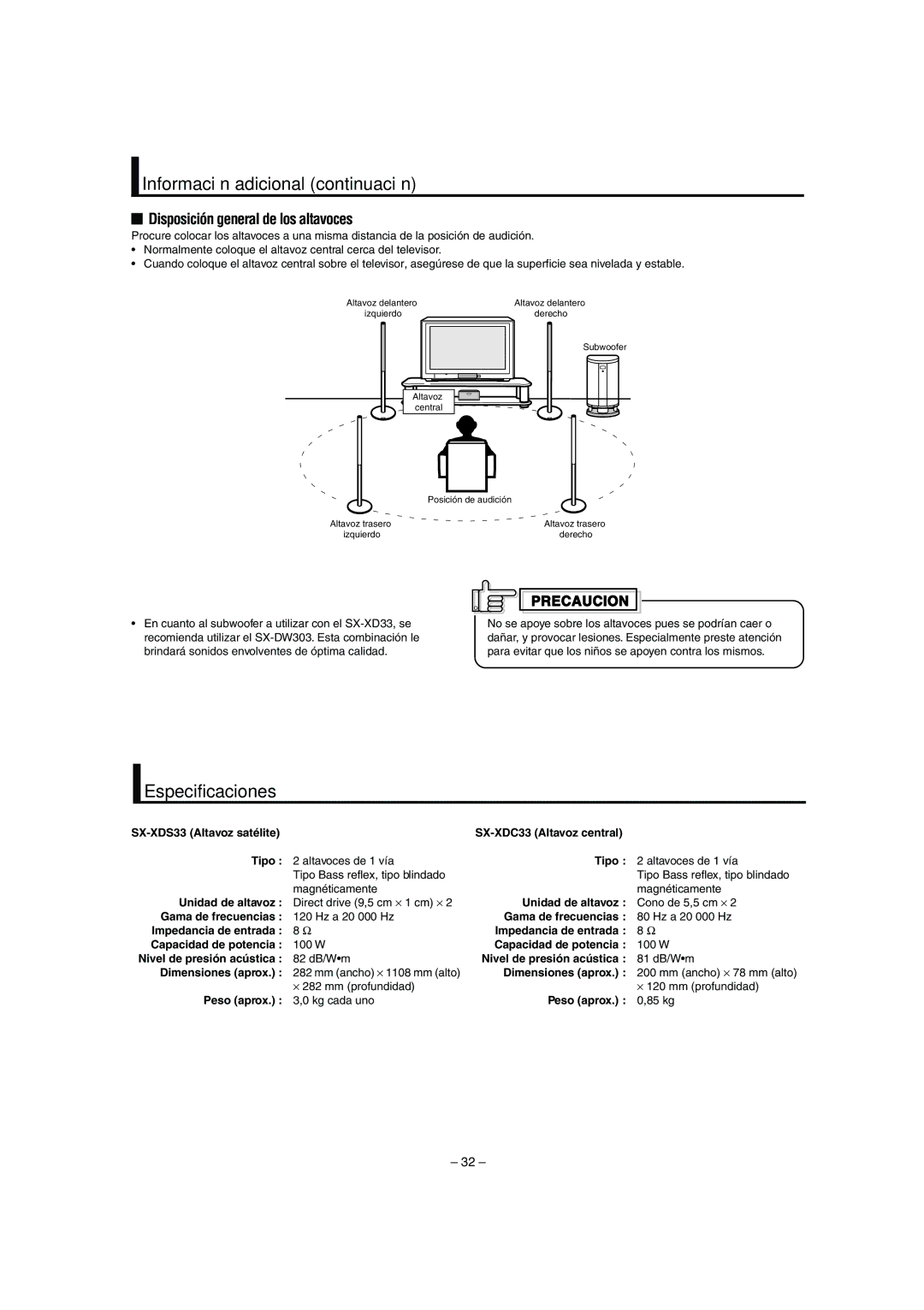 JVC LVT0953-001B manual Información adicional continuación, Especificaciones, Disposición general de los altavoces 