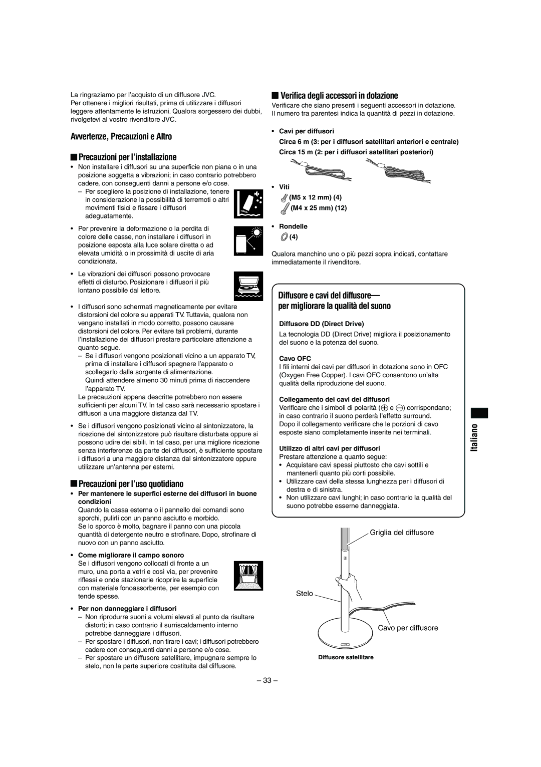 JVC LVT0953-001B manual Precauzioni per l’uso quotidiano, Verifica degli accessori in dotazione, Italiano 