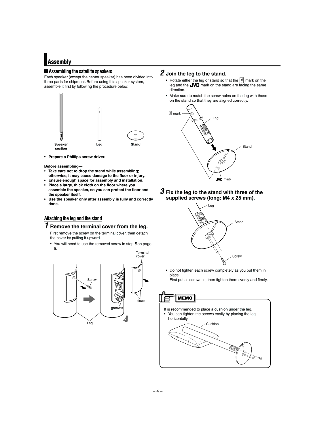 JVC LVT0953-001B manual Assembly, Assembling the satellite speakers, Join the leg to the stand 