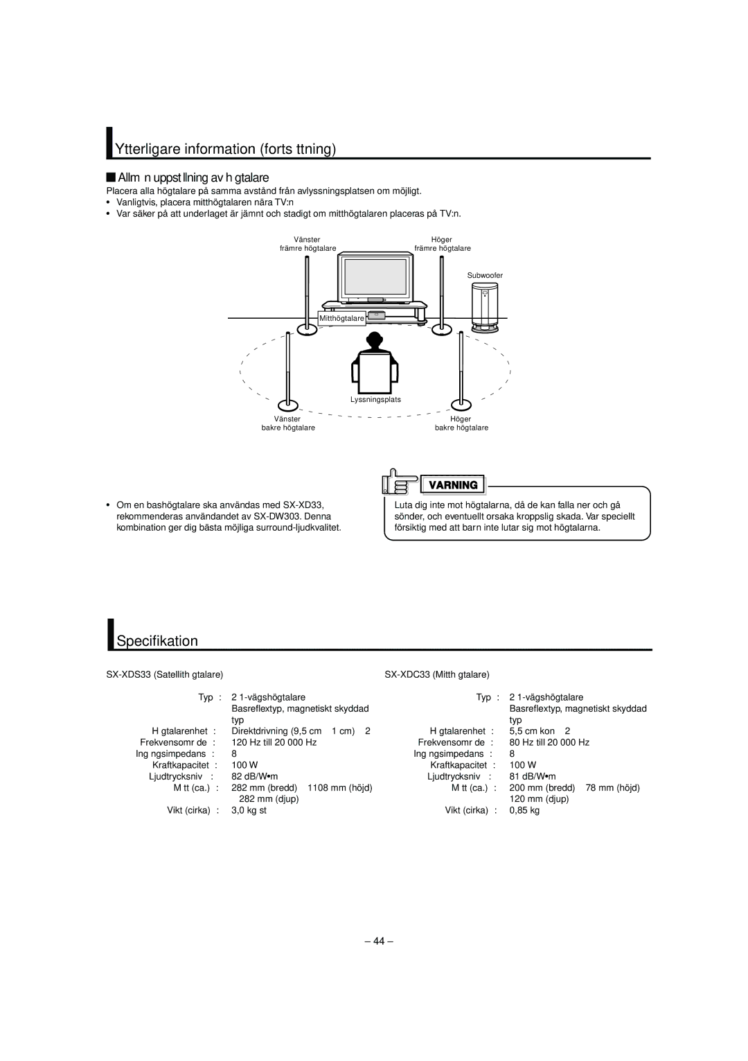 JVC LVT0953-001B manual Ytterligare information fortsättning, Specifikation, Allmän uppställning av högtalare 