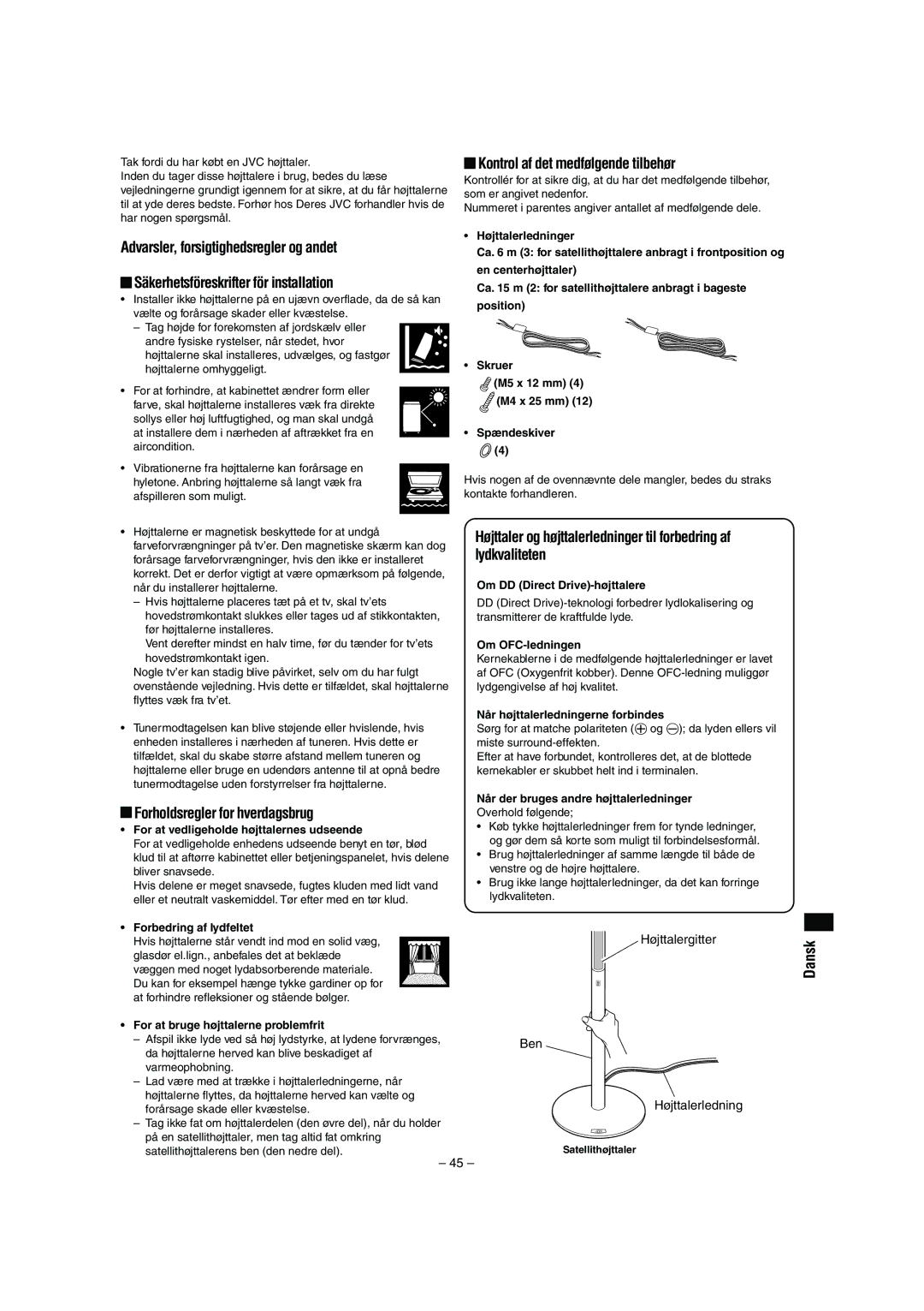 JVC LVT0953-001B manual Forholdsregler for hverdagsbrug, Kontrol af det medfølgende tilbehør, Dansk 