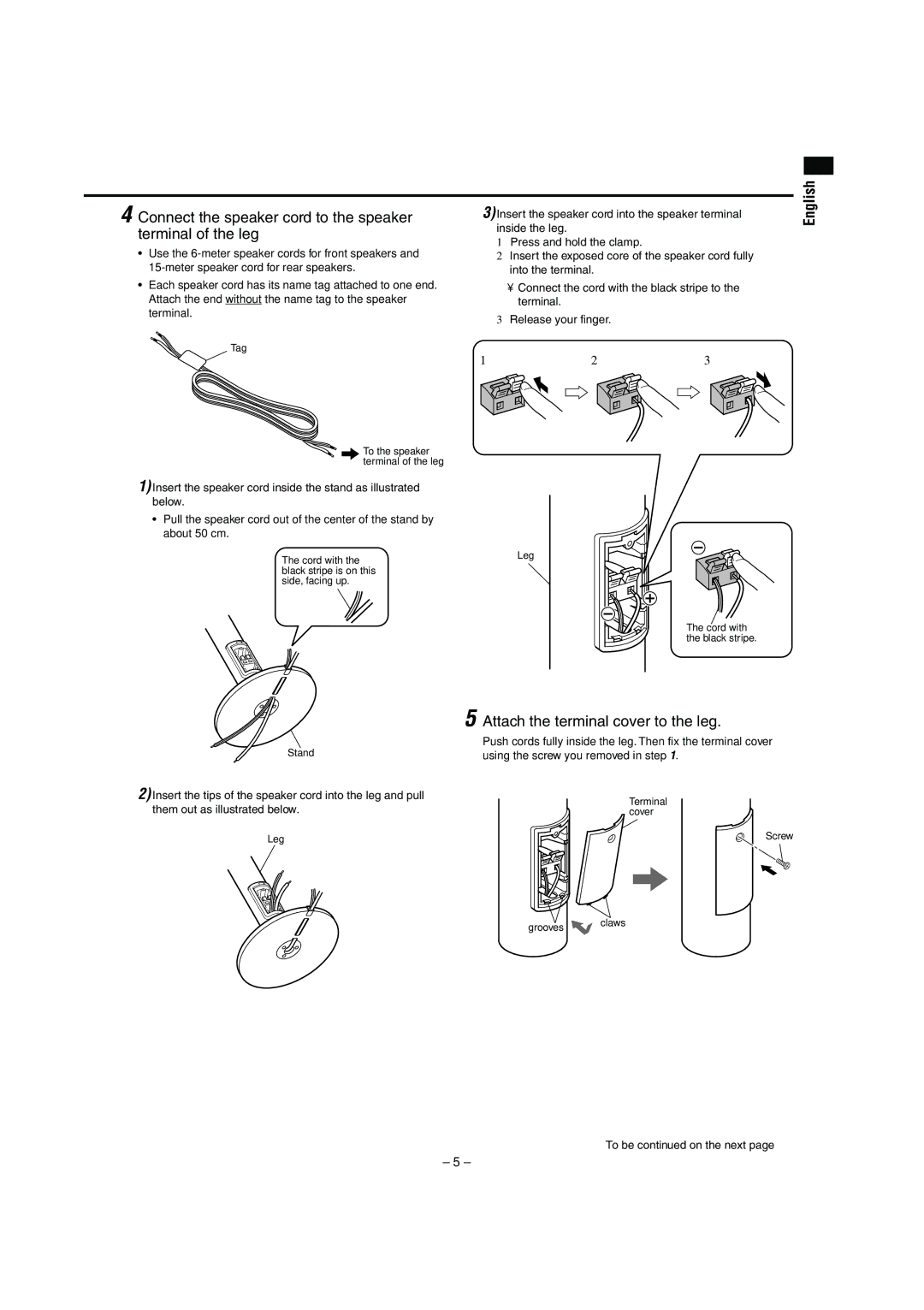 JVC LVT0953-001B manual Connect the speaker cord to the speaker terminal of the leg, English, To be on the next 