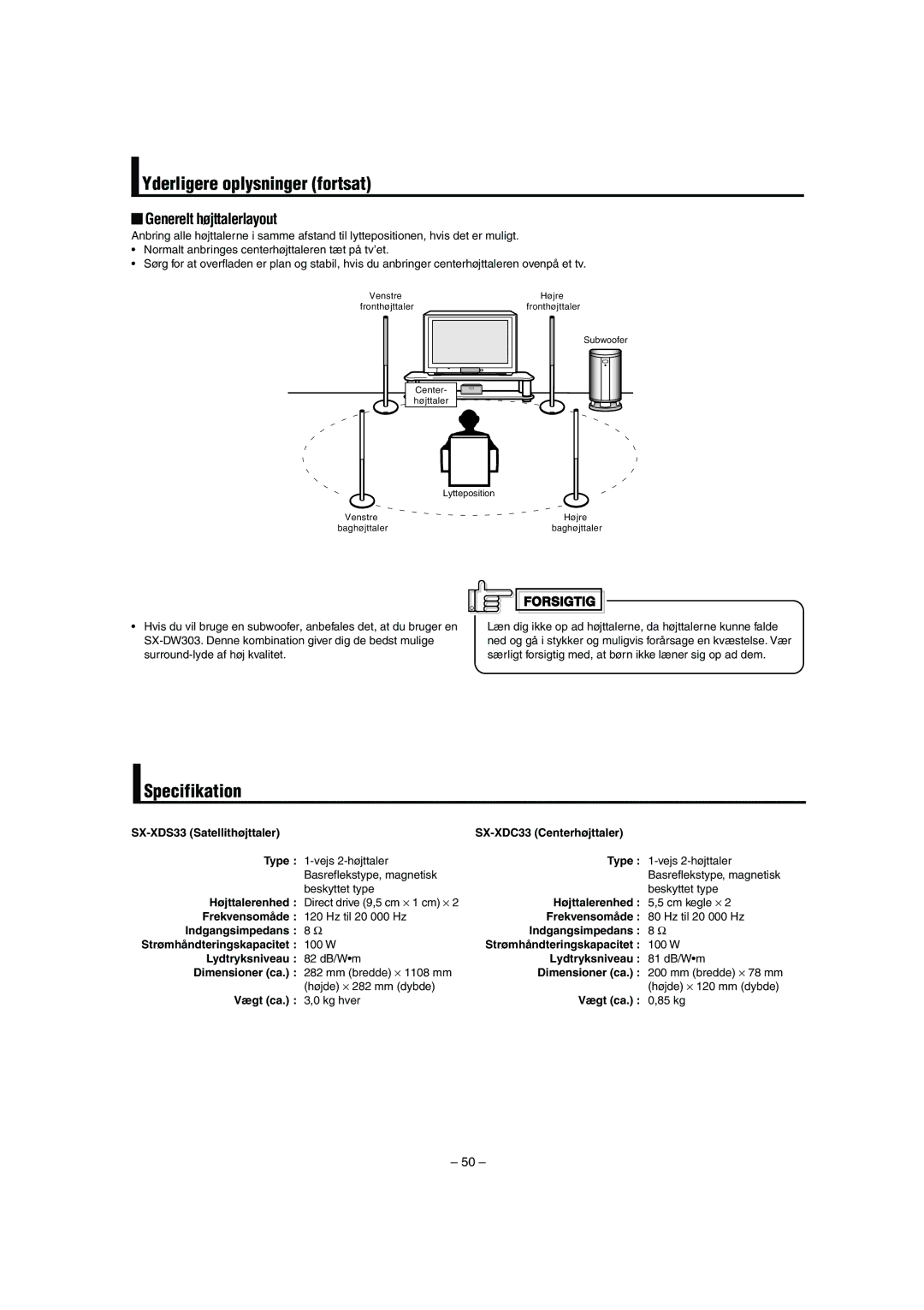 JVC LVT0953-001B manual Yderligere oplysninger fortsat, Generelt højttalerlayout 