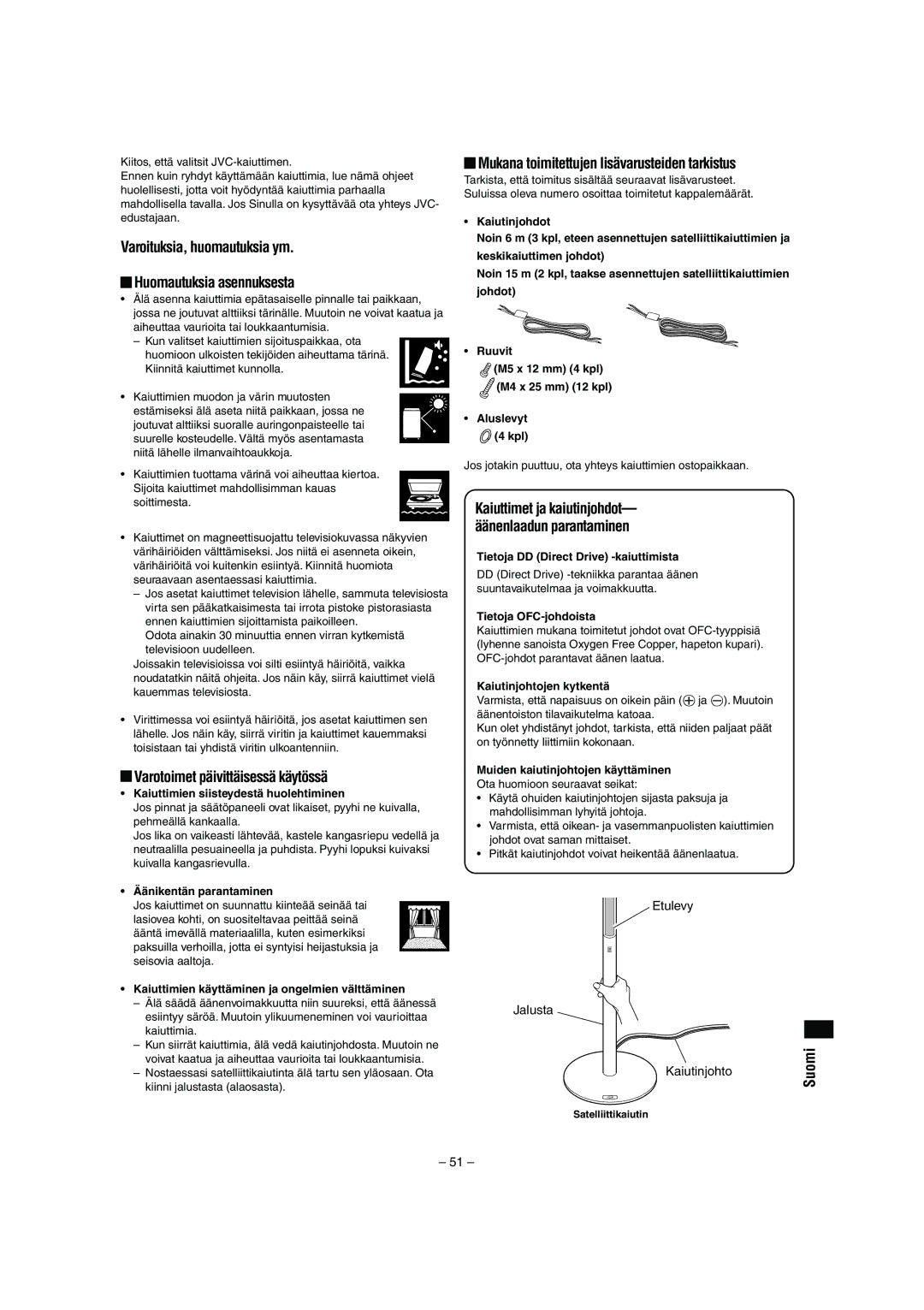 JVC LVT0953-001B manual Varoituksia, huomautuksia ym Huomautuksia asennuksesta, Varotoimet päivittäisessä käytössä, Suomi 