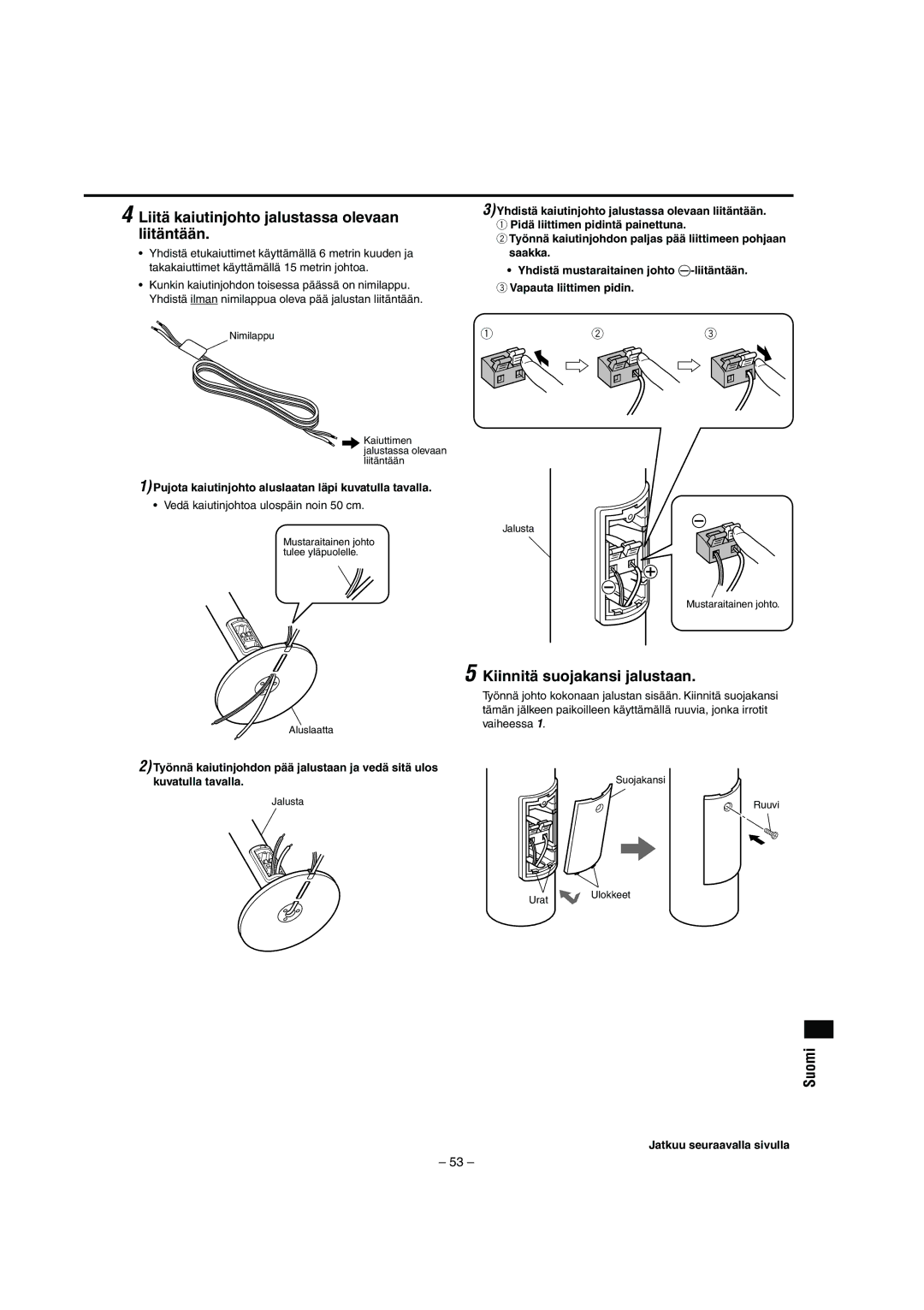 JVC LVT0953-001B manual Liitä kaiutinjohto jalustassa olevaan liitäntään, Kiinnitä suojakansi jalustaan 