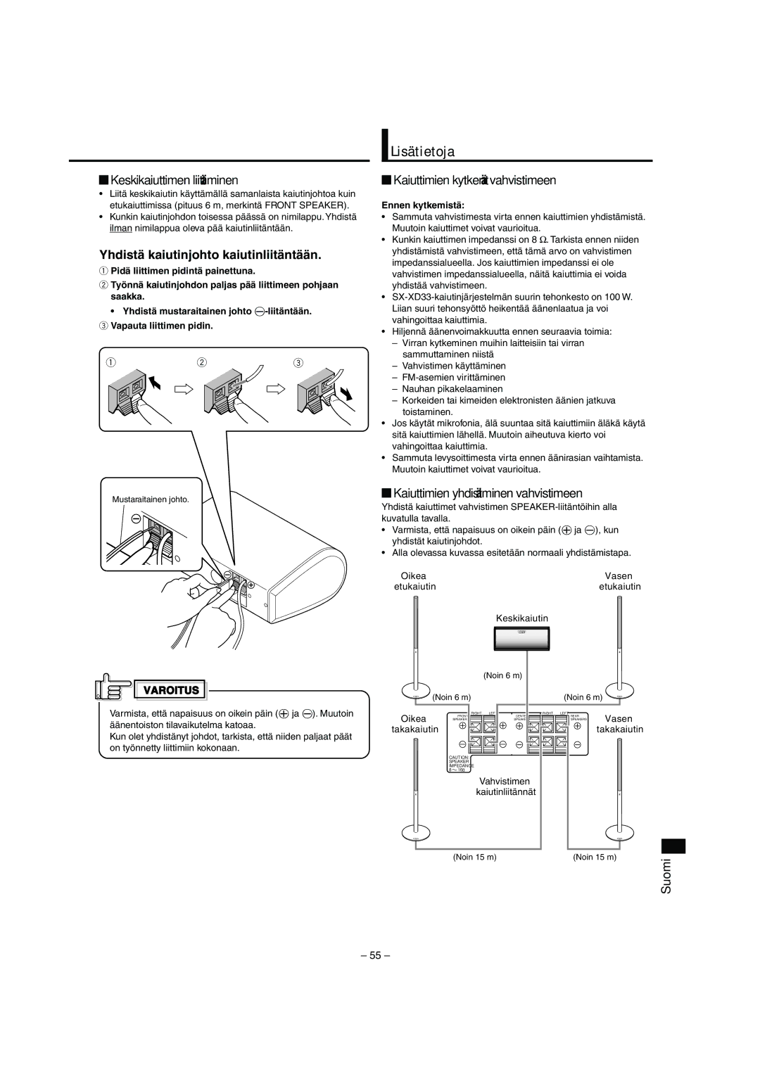 JVC LVT0953-001B manual Lisätietoja, Keskikaiuttimen liittäminen, Yhdistä kaiutinjohto kaiutinliitäntään 