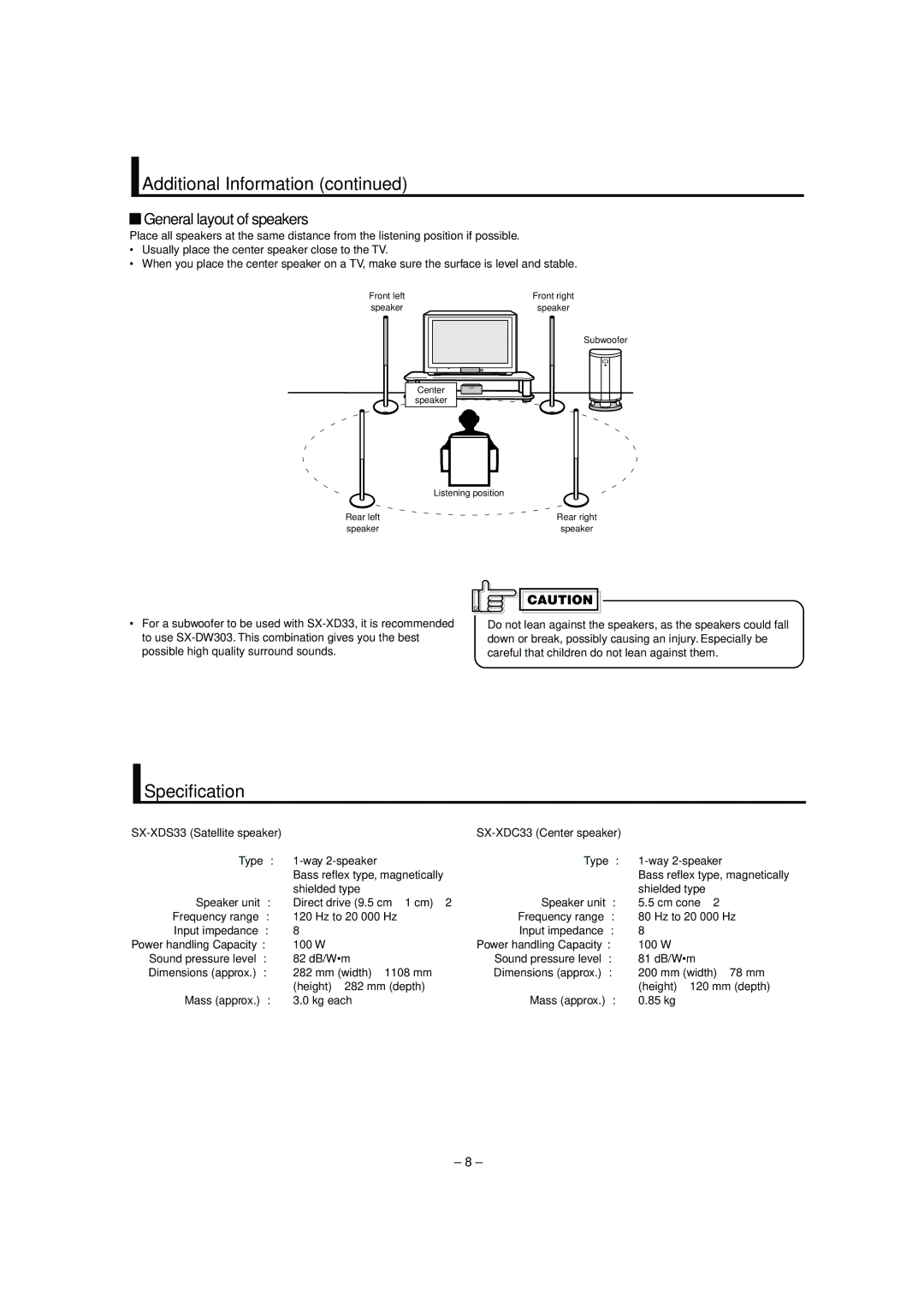 JVC LVT0953-001B manual Specification, General layout of speakers 