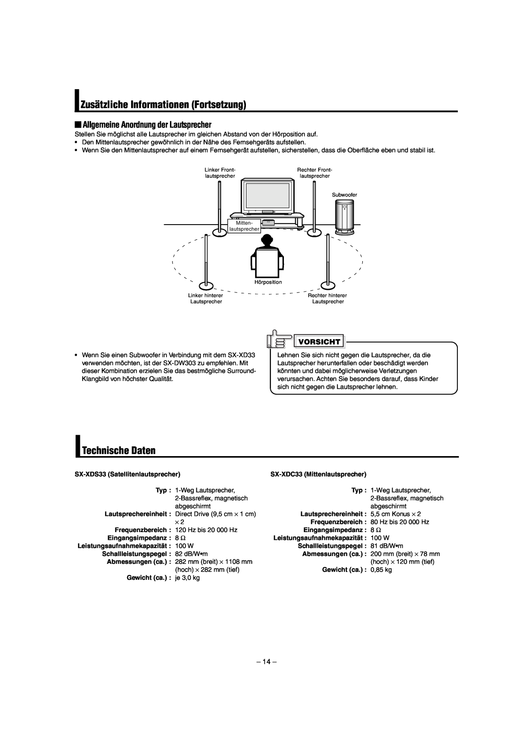 JVC LVT0953-001B manual Zusätzliche Informationen Fortsetzung, Technische Daten, Allgemeine Anordnung der Lautsprecher 